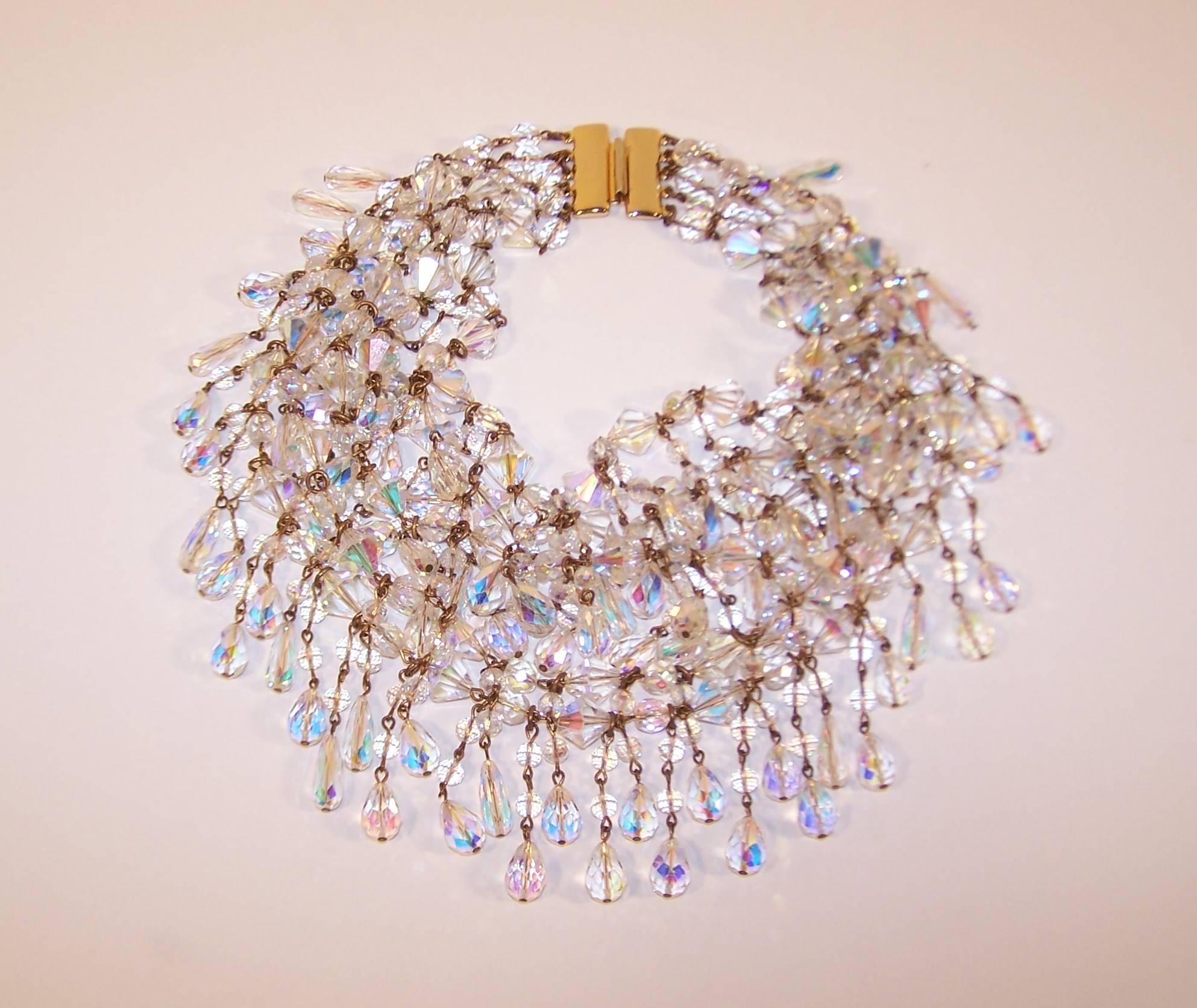 Modern Cascading 1980's Multi Strand Crystal Chandelier Necklace