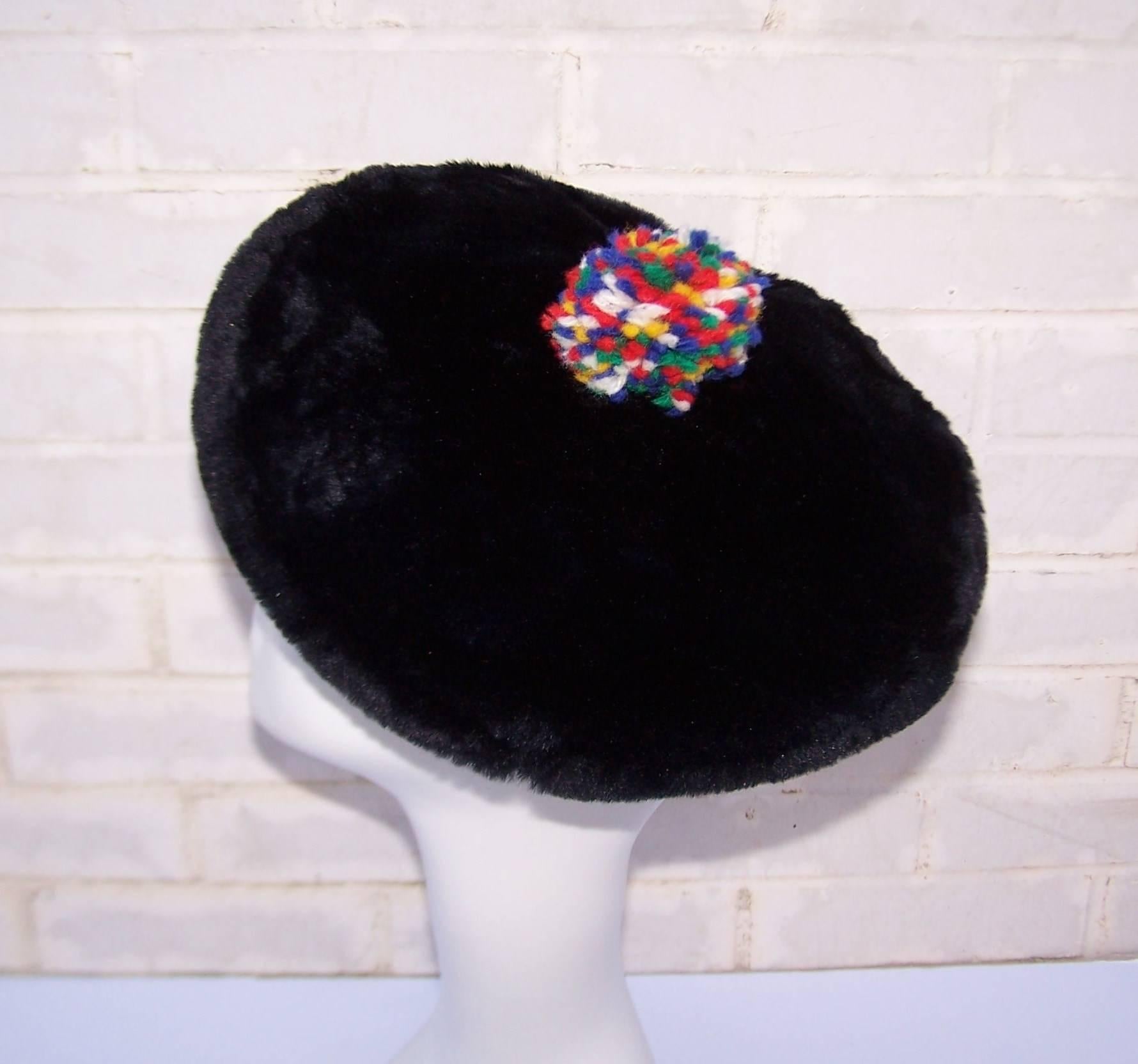 Women's Fun & Funky 1970's Black Faux Fur Beret With Rainbow Rim & Pom Pom