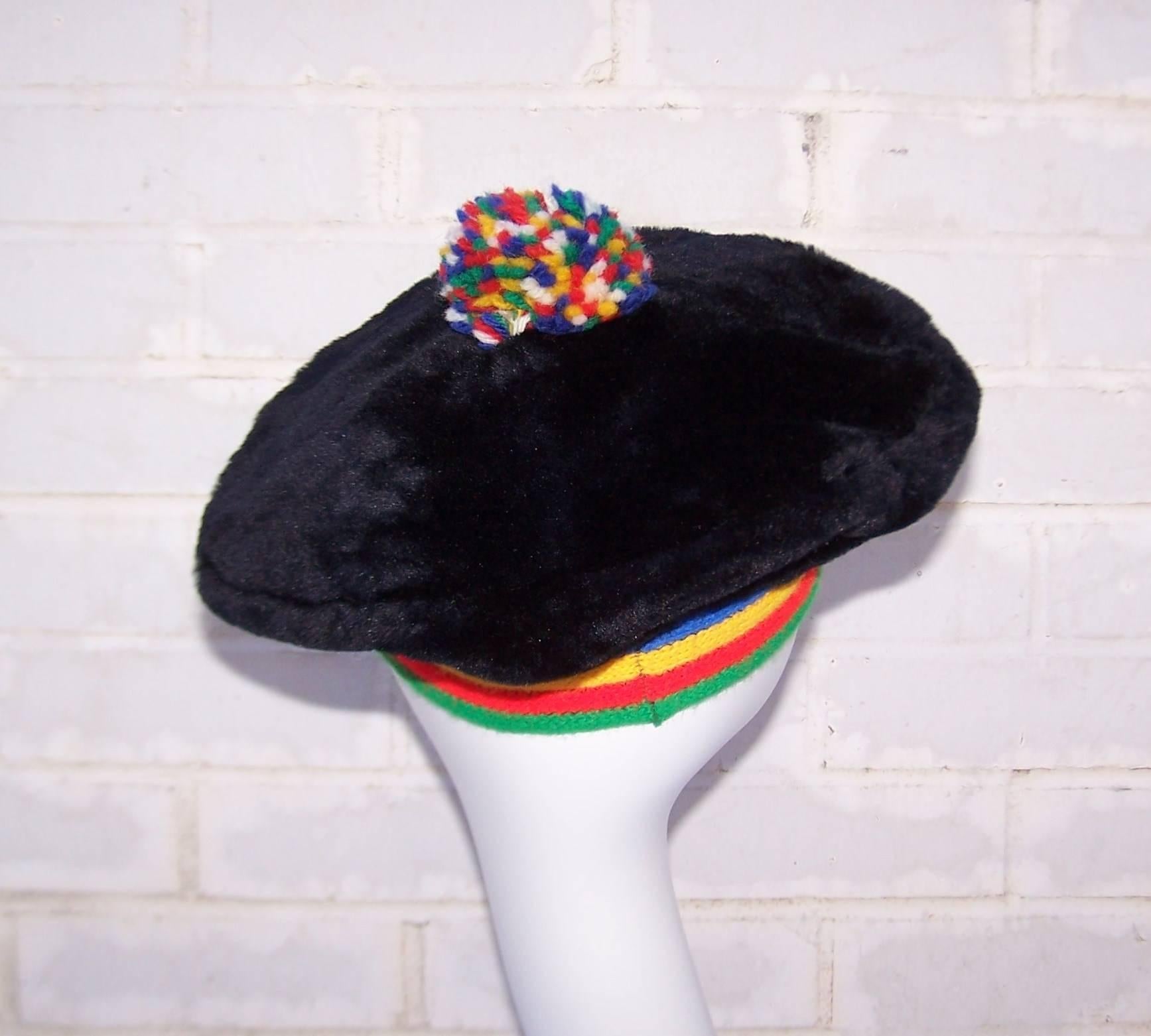 Fun & Funky 1970's Black Faux Fur Beret With Rainbow Rim & Pom Pom 1