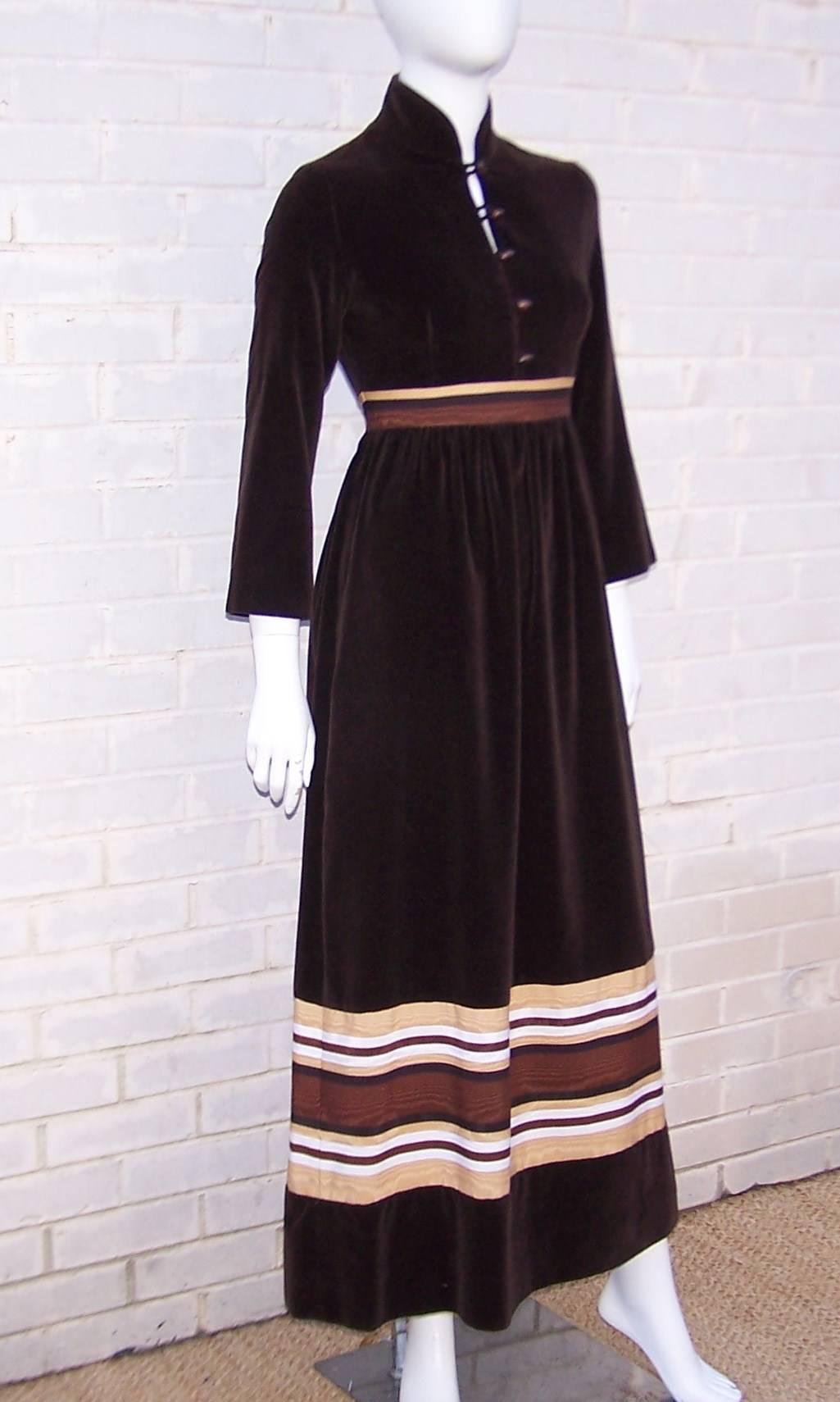 Black 1970's A. J. Bari Chocolate Brown Velveteen Maxi Dress With Moire Trim