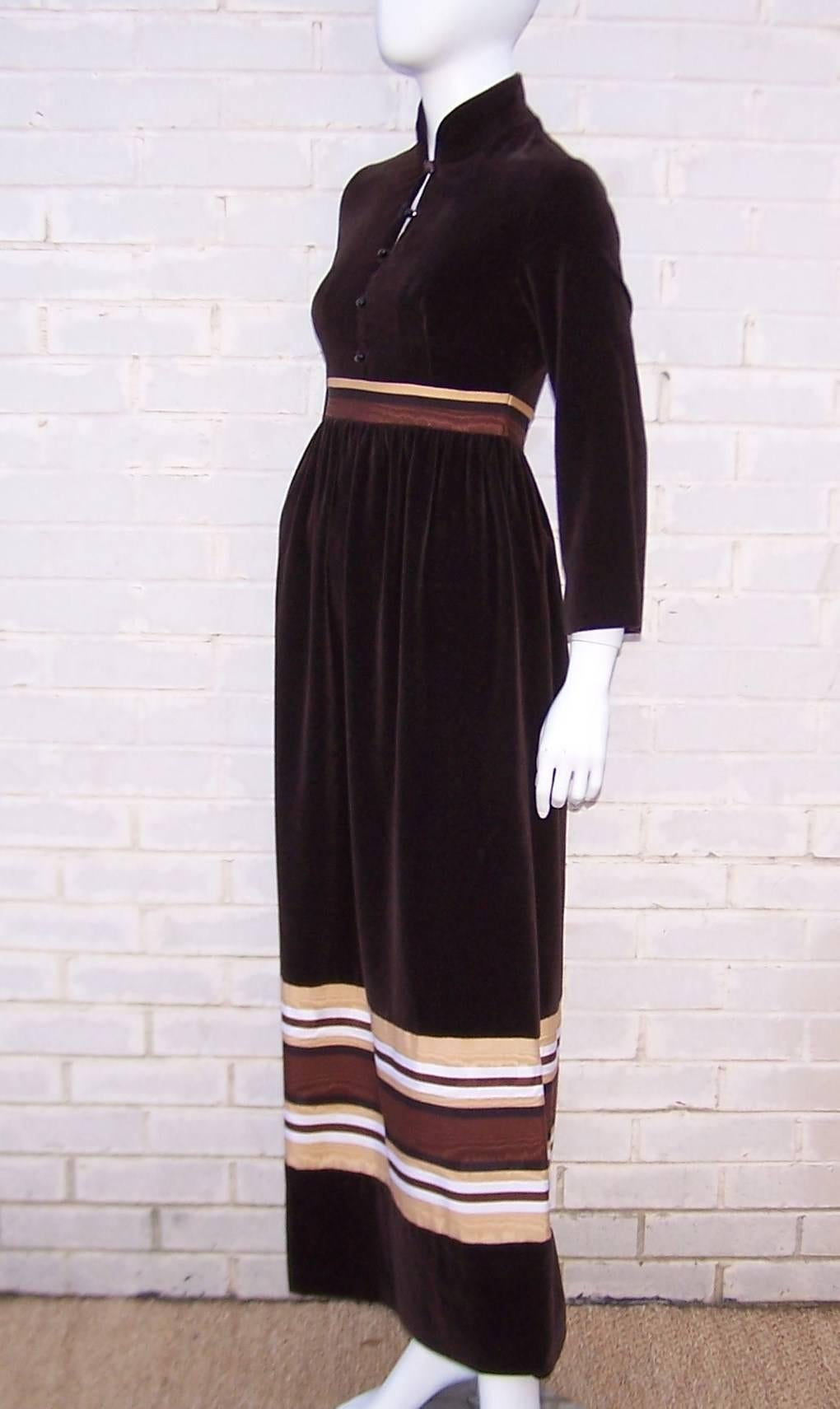 1970's A. J. Bari Chocolate Brown Velveteen Maxi Dress With Moire Trim In Good Condition In Atlanta, GA