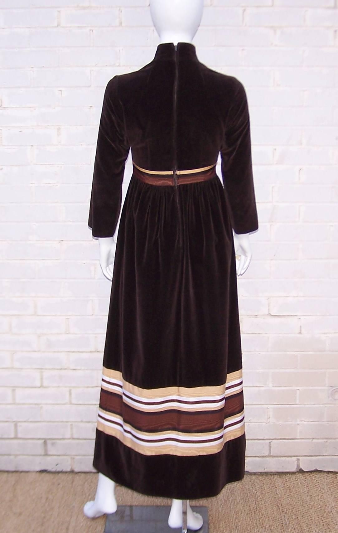 Women's 1970's A. J. Bari Chocolate Brown Velveteen Maxi Dress With Moire Trim