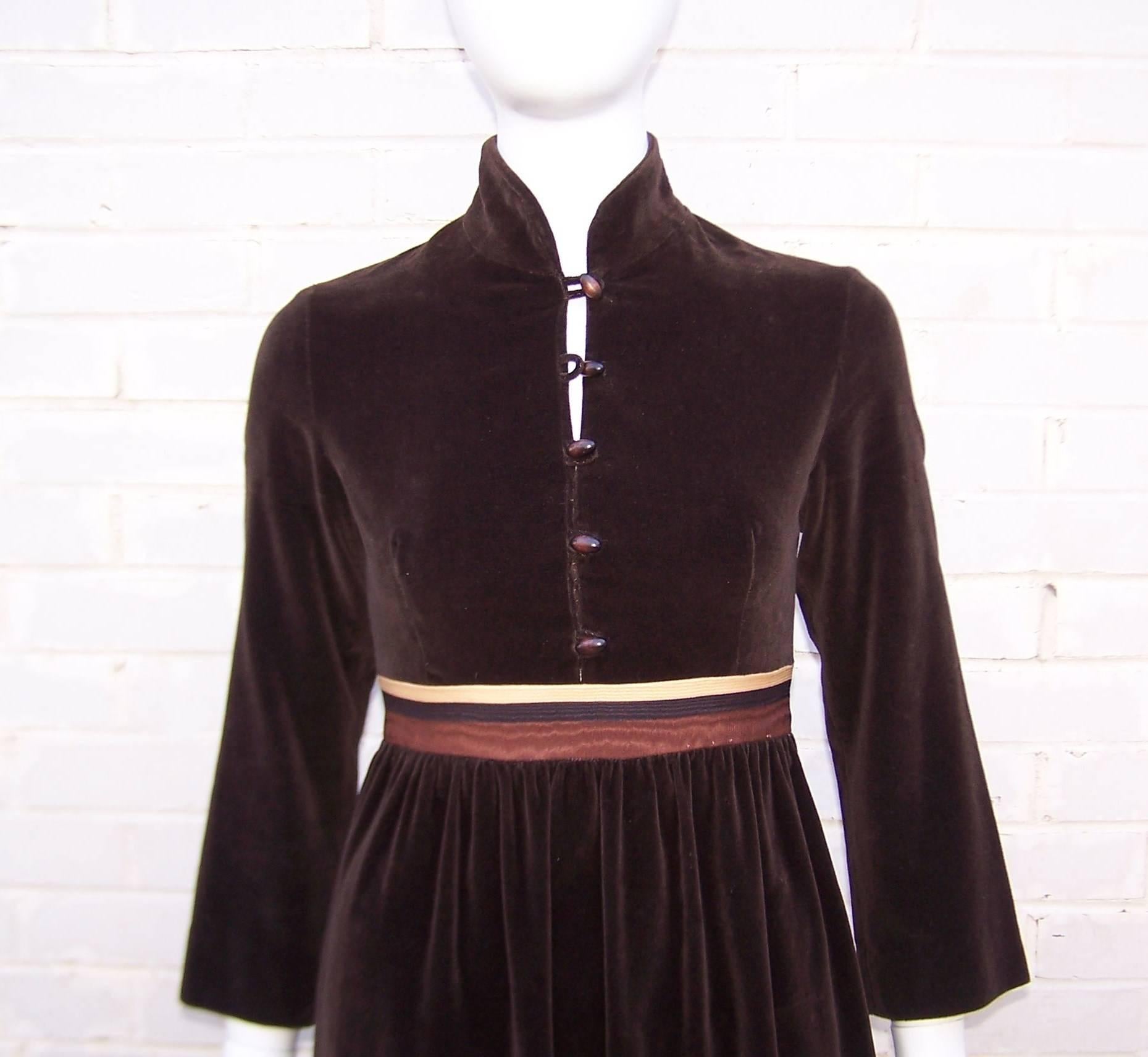 1970's A. J. Bari Chocolate Brown Velveteen Maxi Dress With Moire Trim 1
