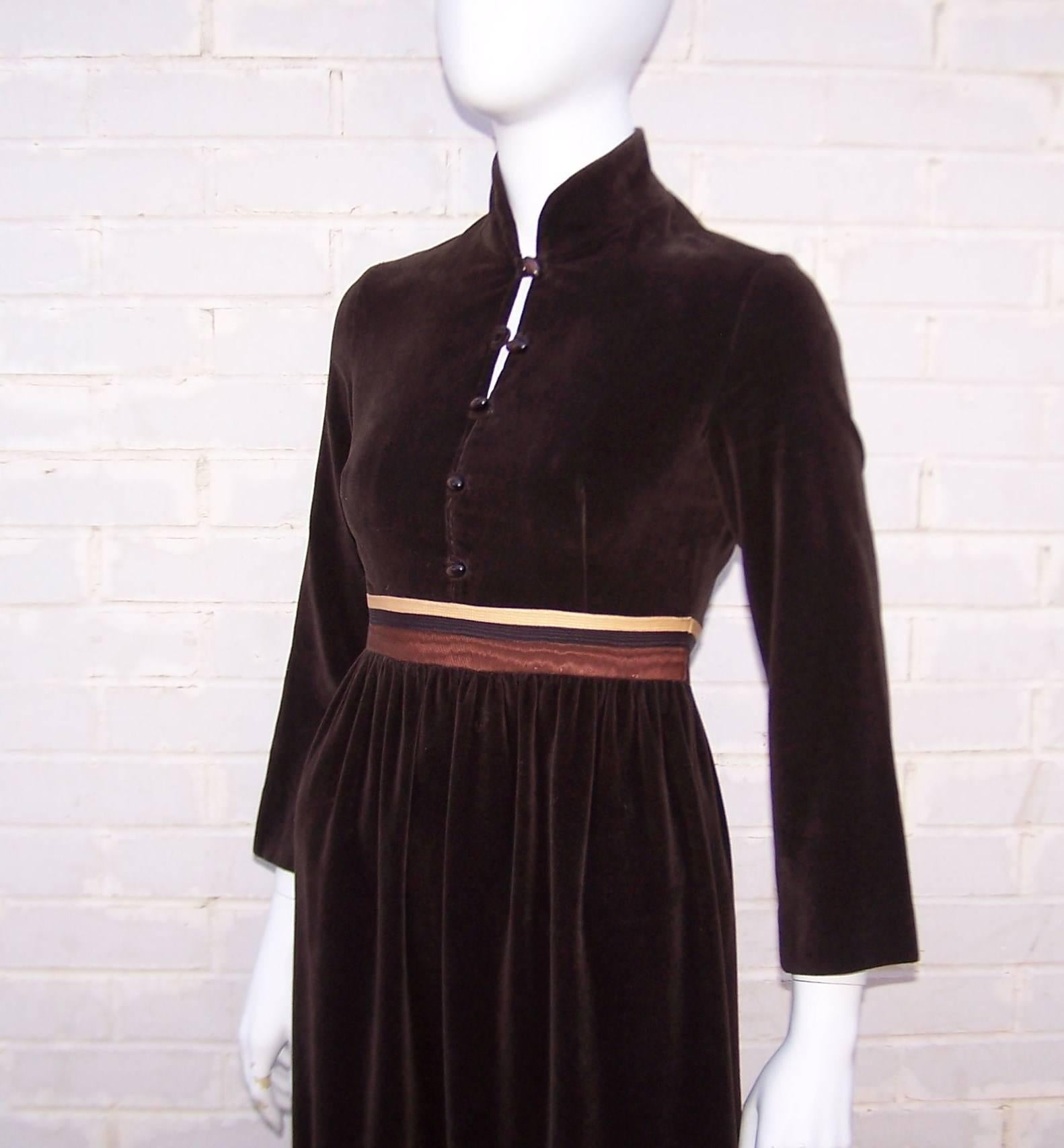 1970's A. J. Bari Chocolate Brown Velveteen Maxi Dress With Moire Trim 2