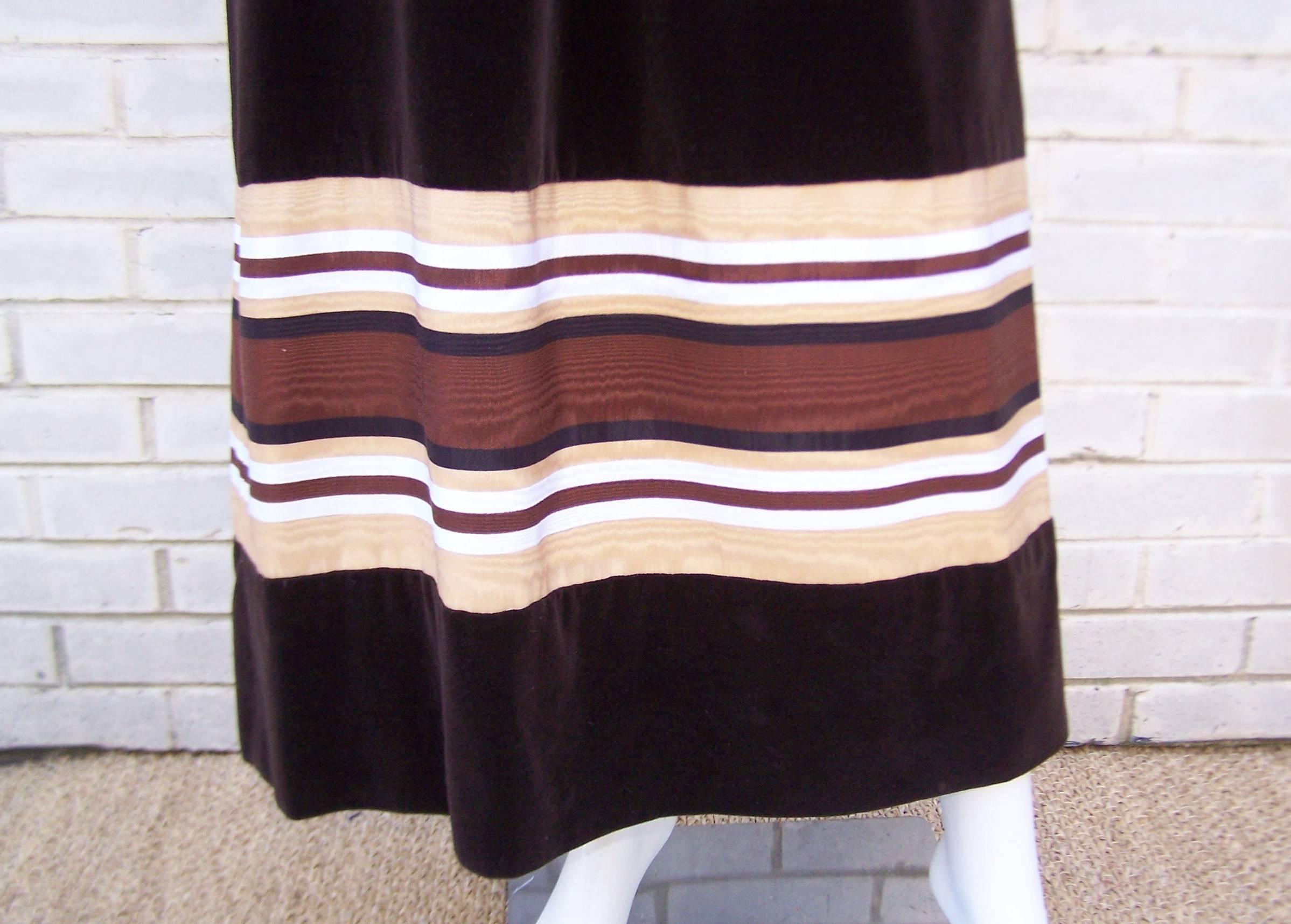 1970's A. J. Bari Chocolate Brown Velveteen Maxi Dress With Moire Trim 3