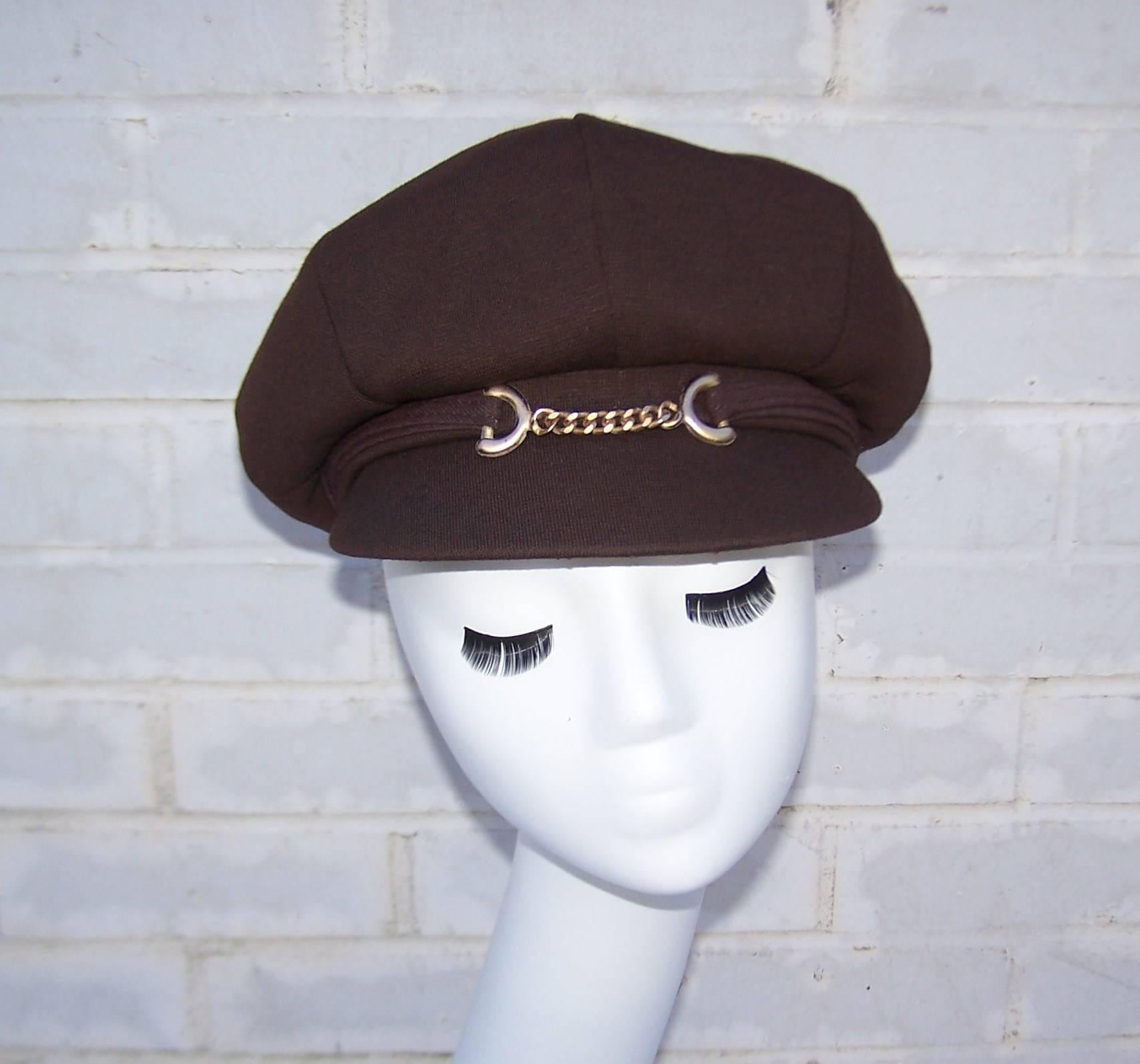 Black Extra! Extra! C.1970 Mod Newsboy Style Brown Wool Knit Hat 