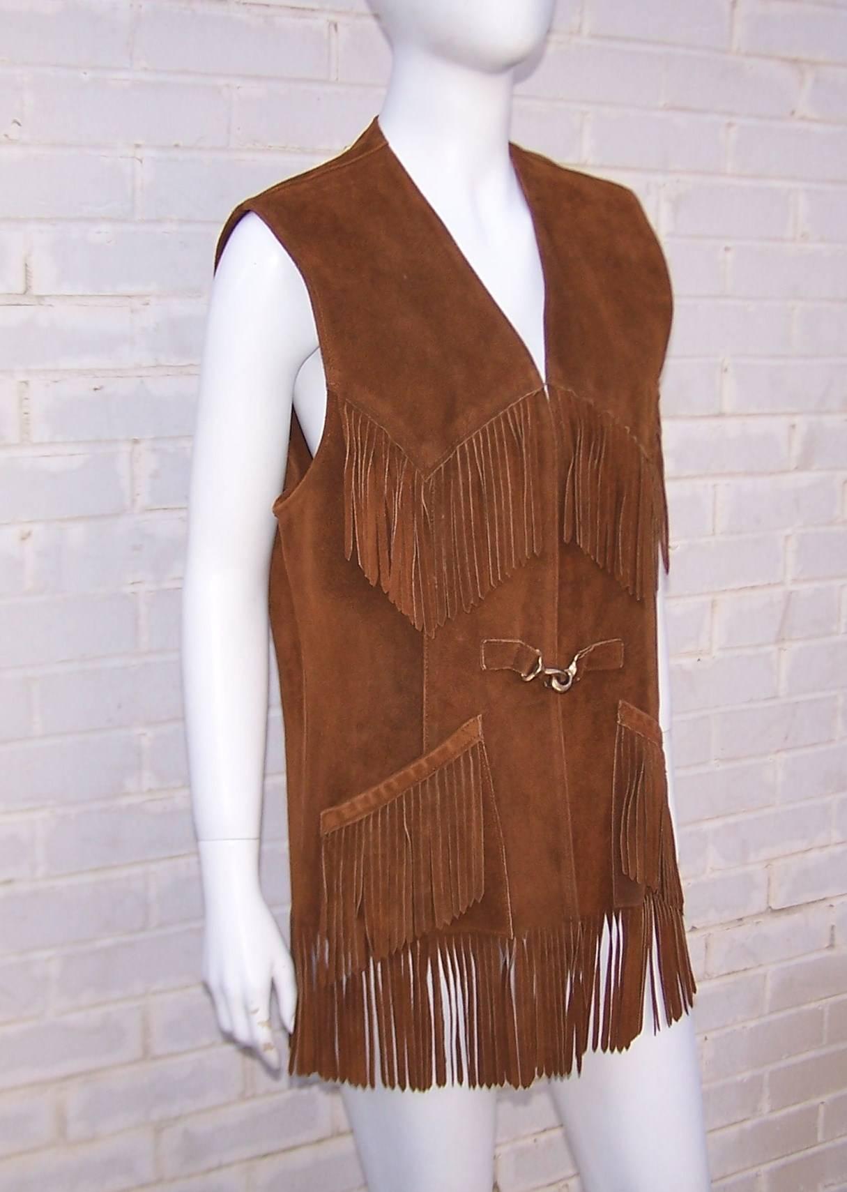 Brown Boho C.1970 Suede Fringe Saks Fifth Avenue Western Style Vest