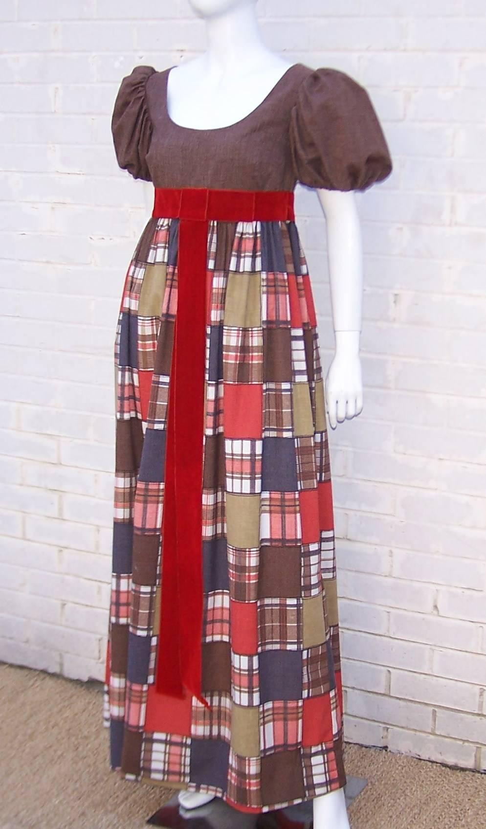 Brown Fun 1960's Eve Le Coq of California Autumnal Patchwork Maxi Dress