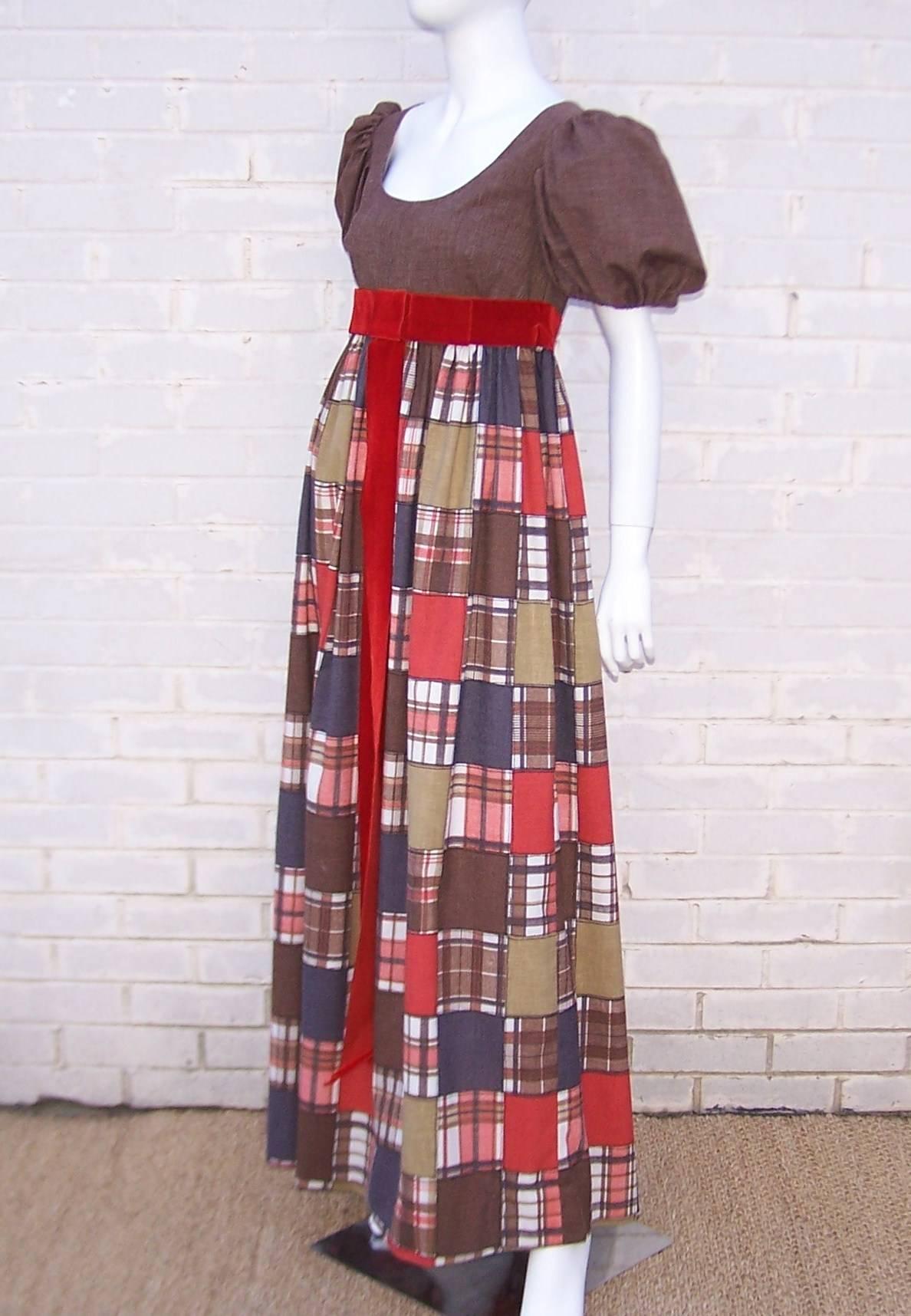 Fun 1960's Eve Le Coq of California Autumnal Patchwork Maxi Dress In Excellent Condition In Atlanta, GA