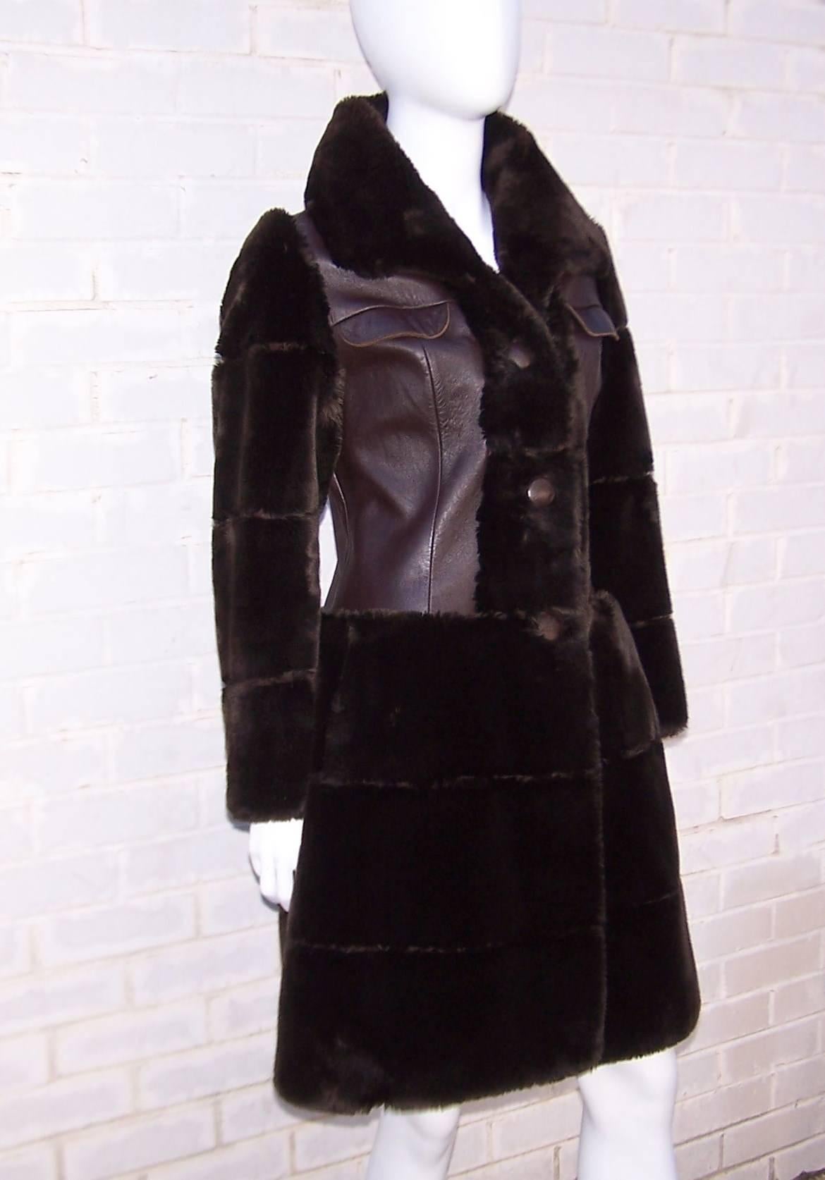 Black French 1960's Flight Jacket Style Brown Leather & Faux Fur Coat
