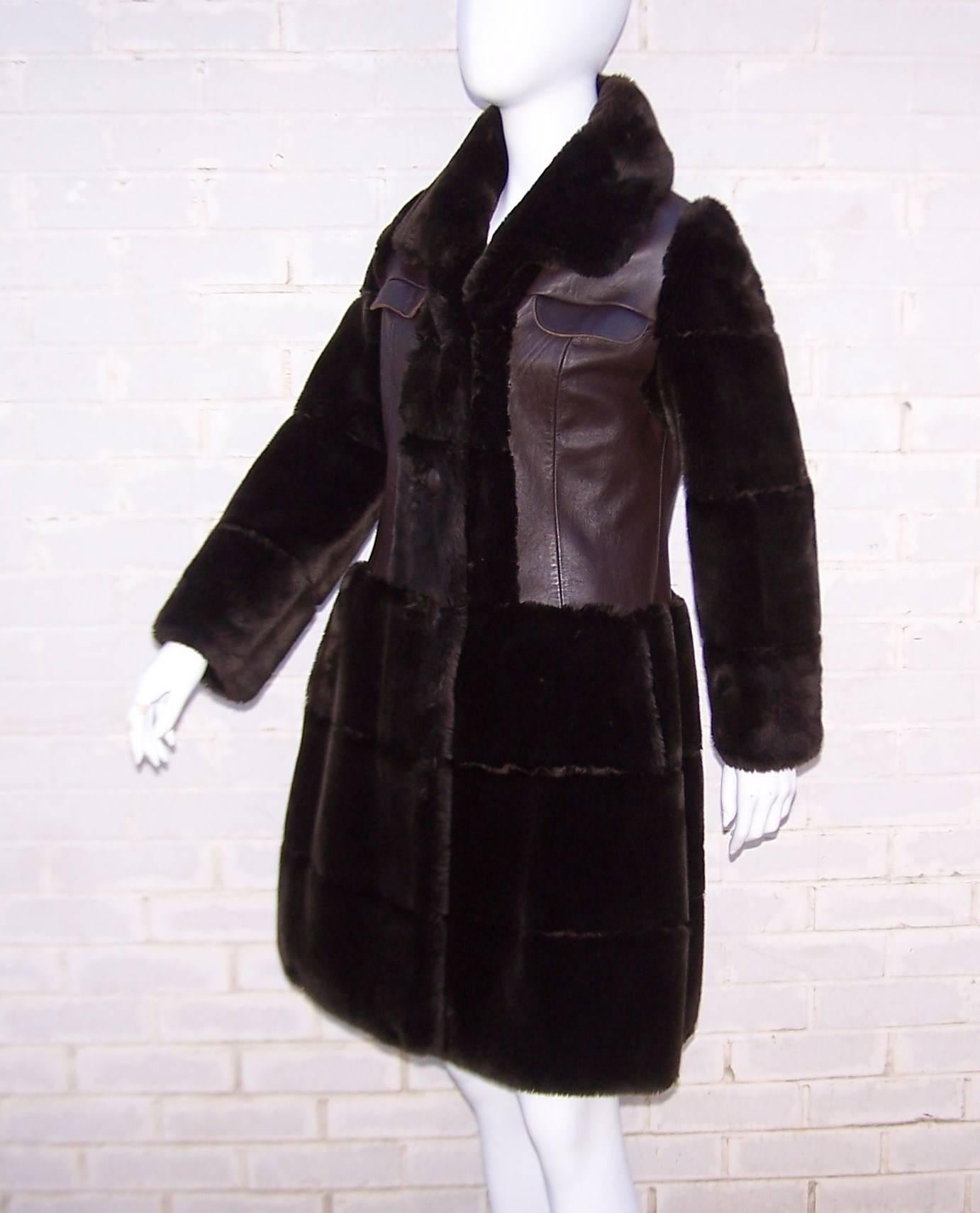 Women's French 1960's Flight Jacket Style Brown Leather & Faux Fur Coat