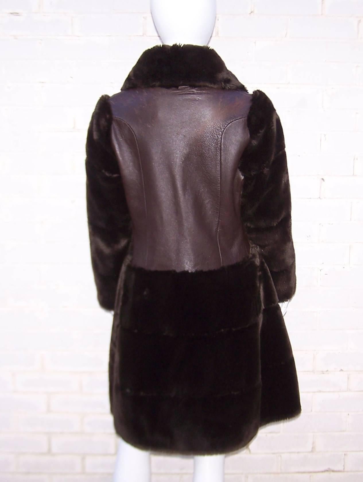 French 1960's Flight Jacket Style Brown Leather & Faux Fur Coat 1
