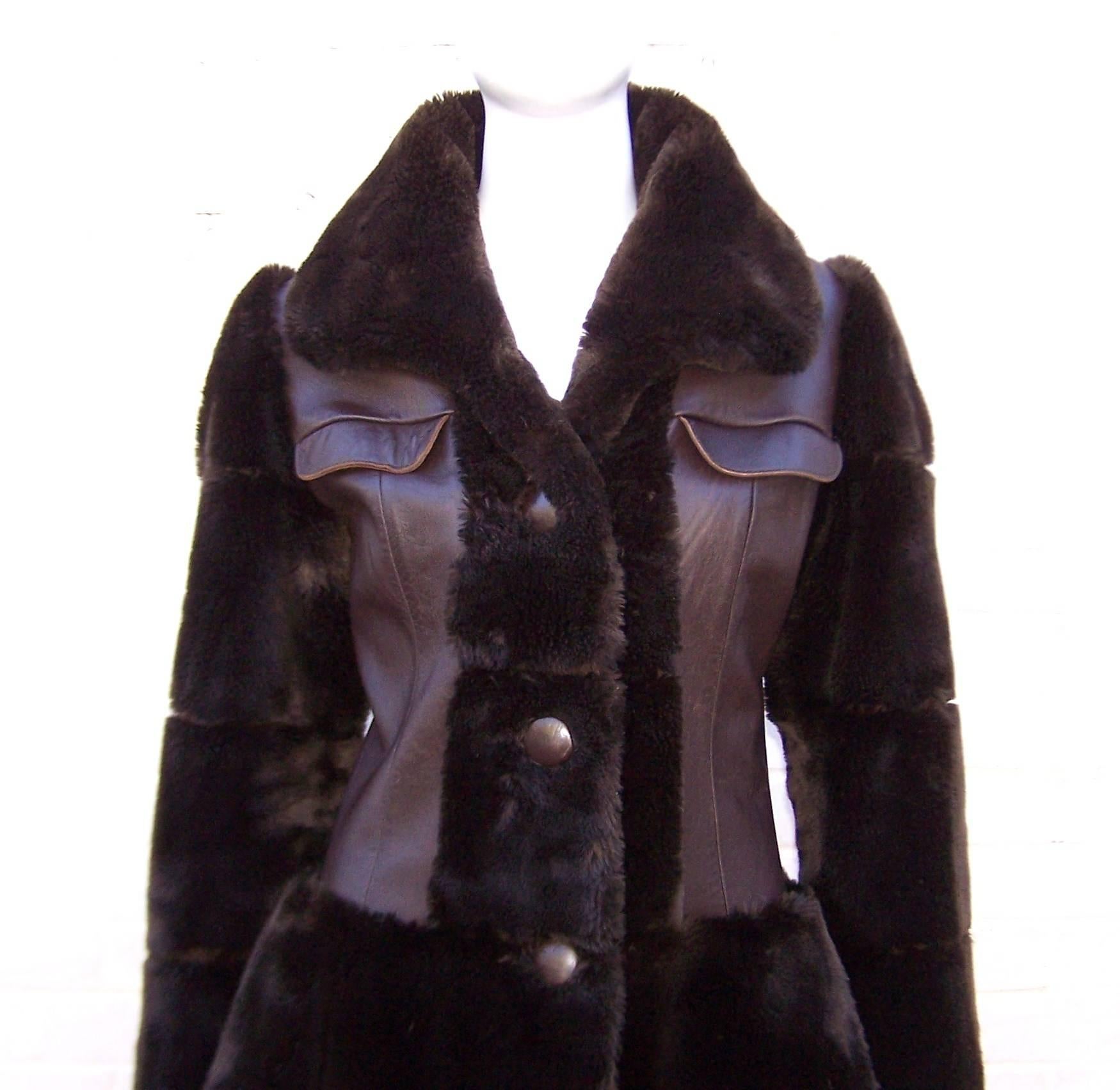 French 1960's Flight Jacket Style Brown Leather & Faux Fur Coat 2