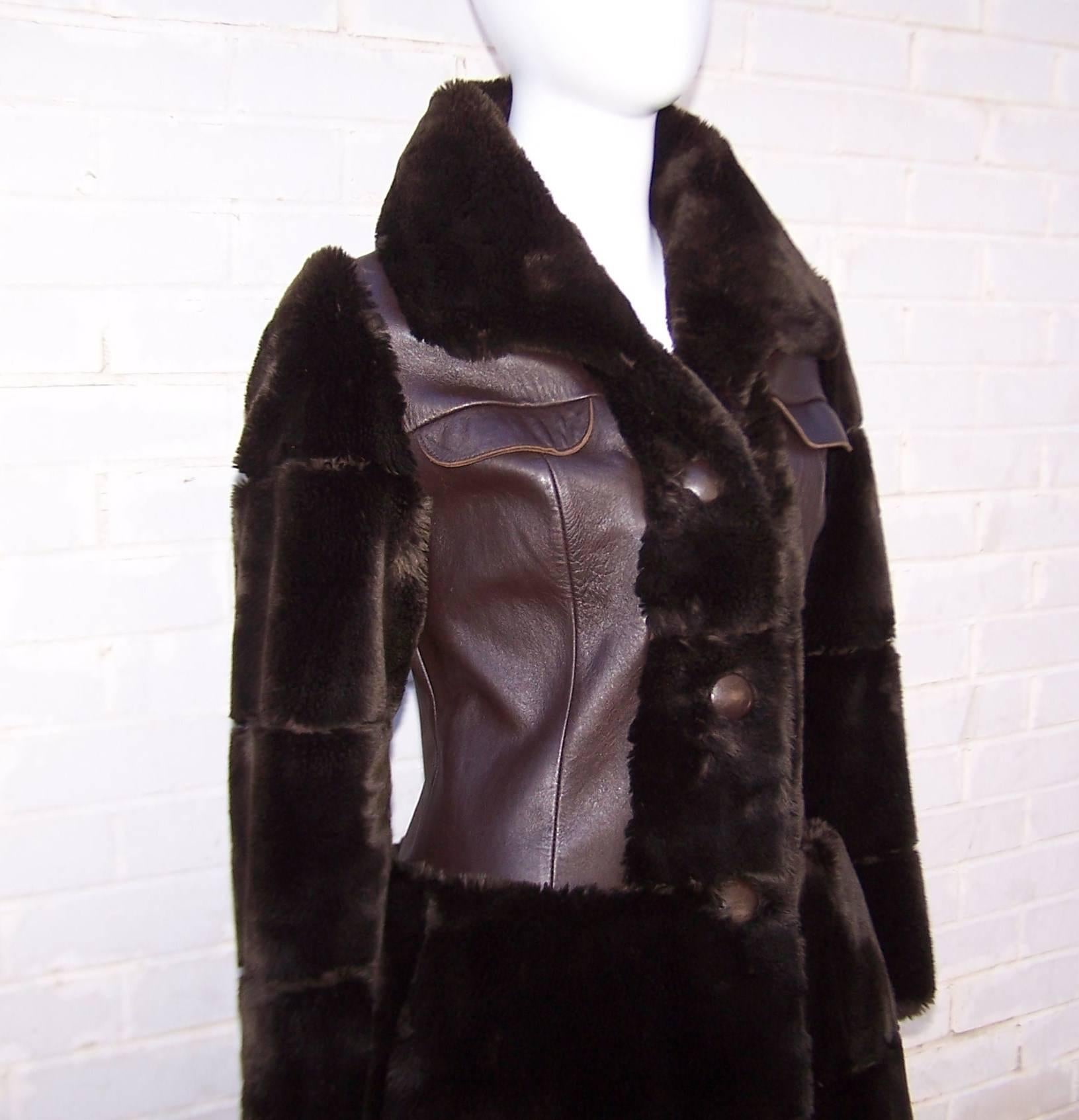 French 1960's Flight Jacket Style Brown Leather & Faux Fur Coat 3