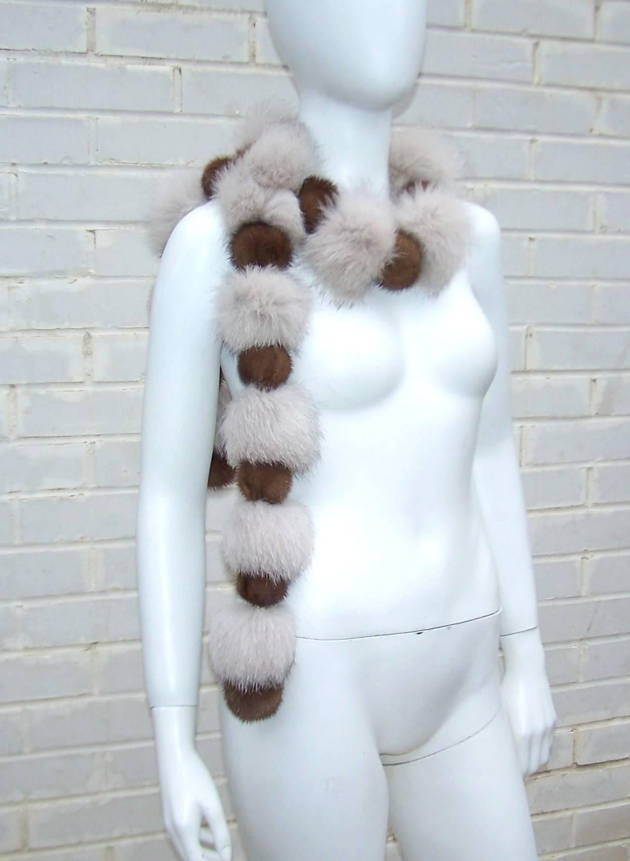 Beige Brown Mink & Fox Fur Pom Pom Neck Scarf, 1990's For Sale