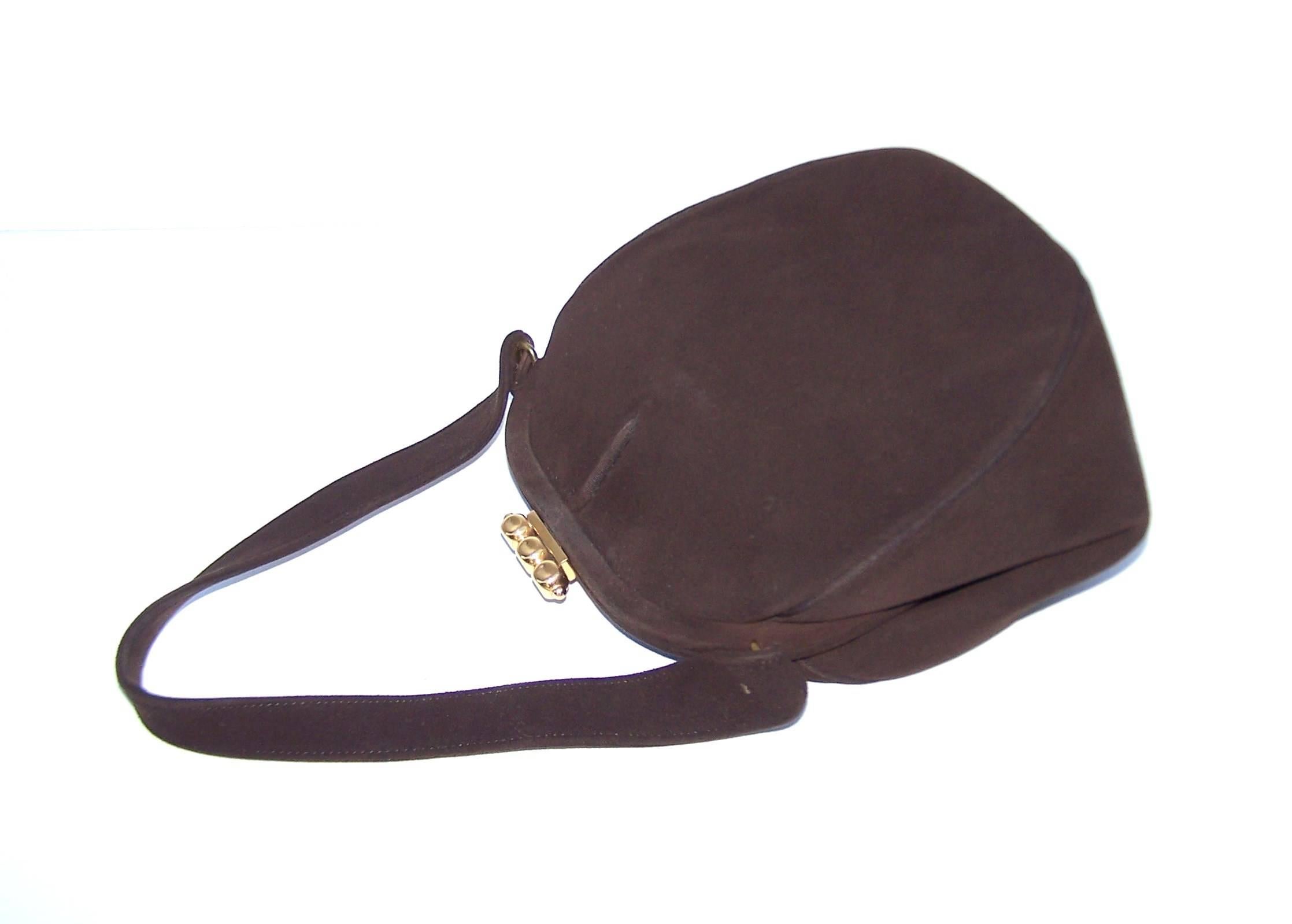 Black C.1950 Dorian Brown Suede Handbag With Unique Gold Tone Tab Closure