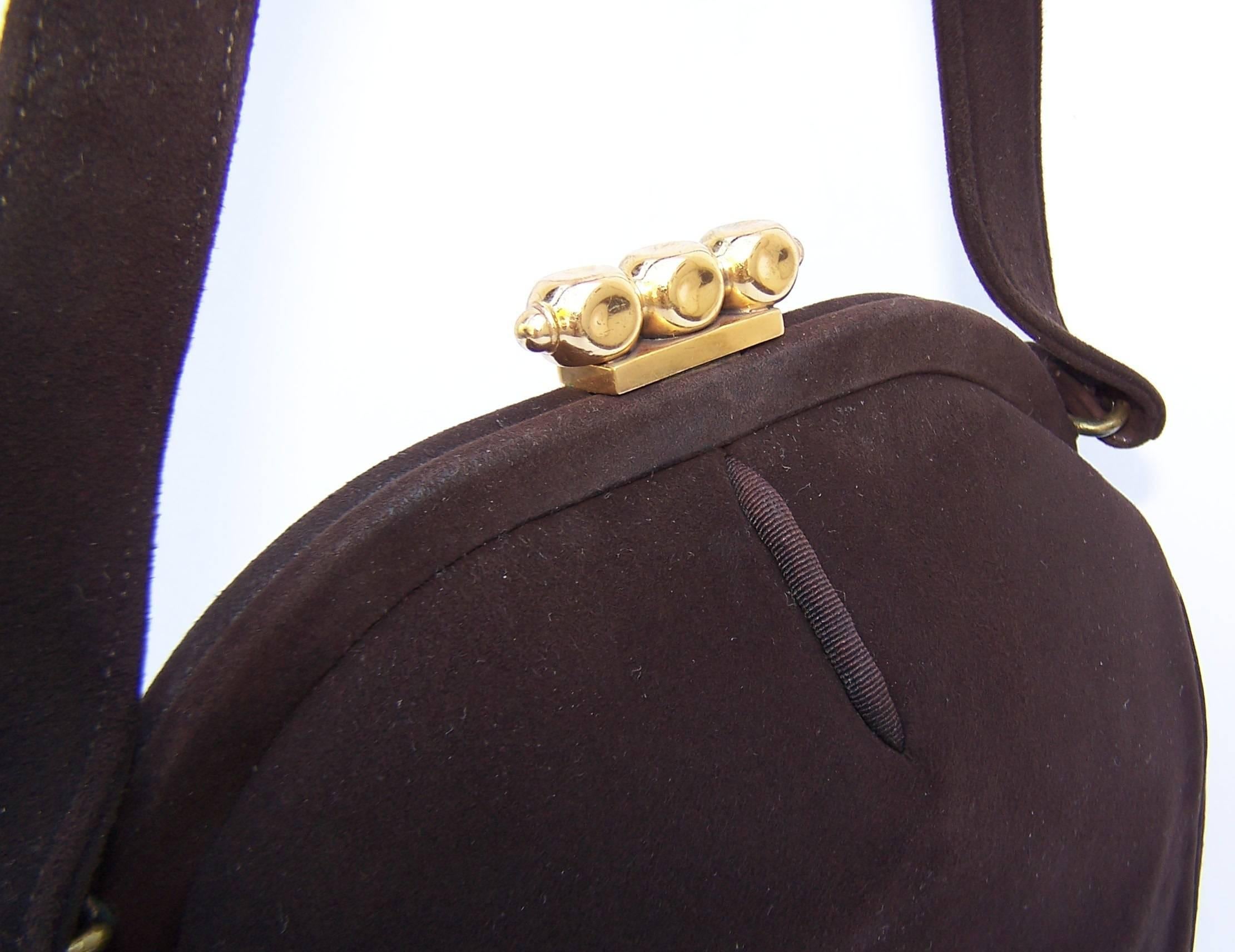 Women's C.1950 Dorian Brown Suede Handbag With Unique Gold Tone Tab Closure