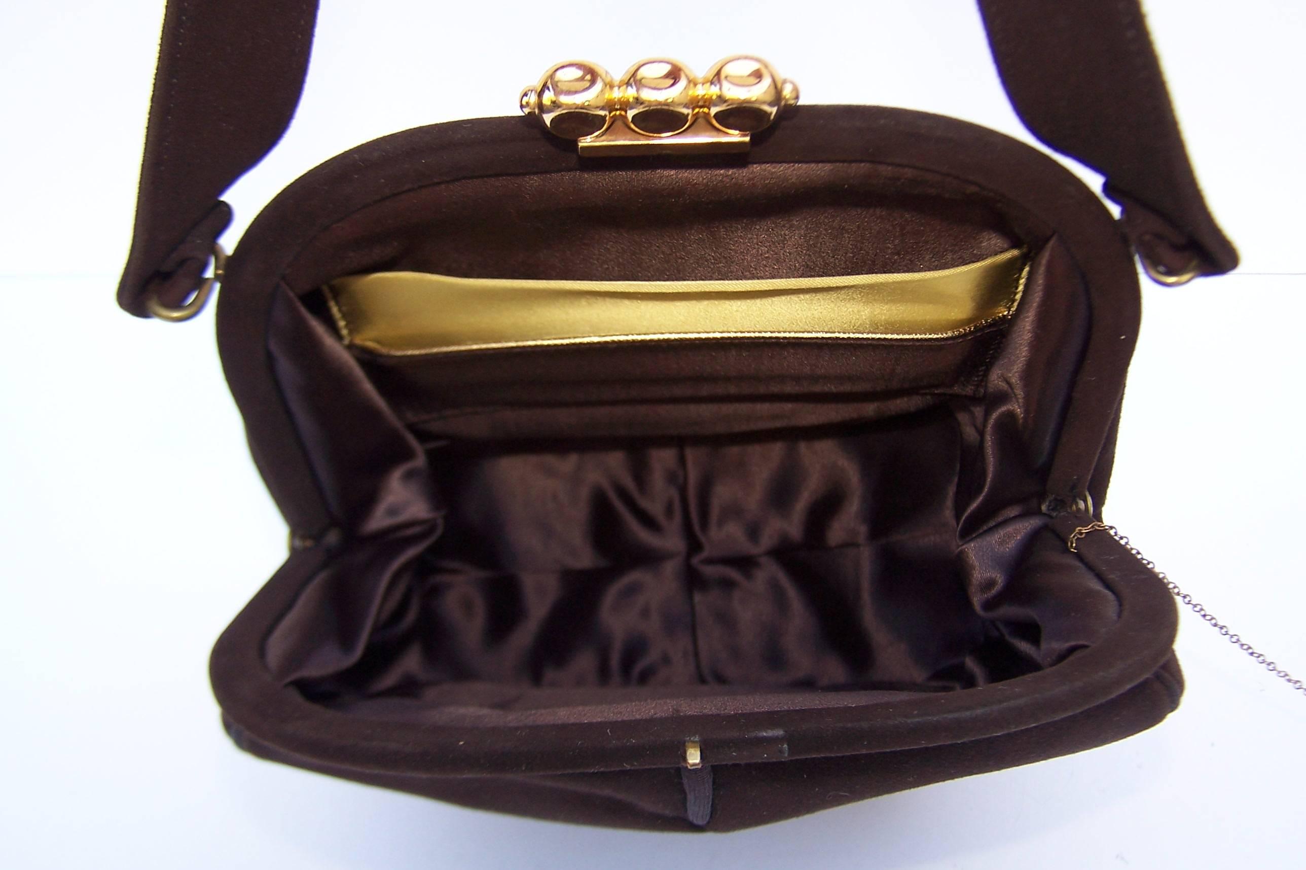 C.1950 Dorian Brown Suede Handbag With Unique Gold Tone Tab Closure 1