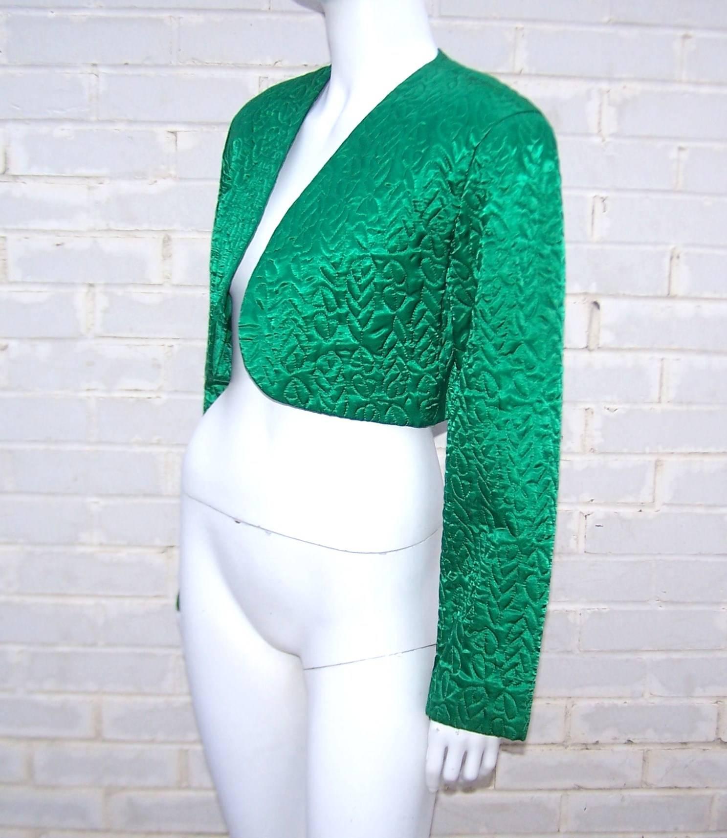 Women's C.1980 Perry Ellis Emerald Green Quilted Satin Cropped Jacket