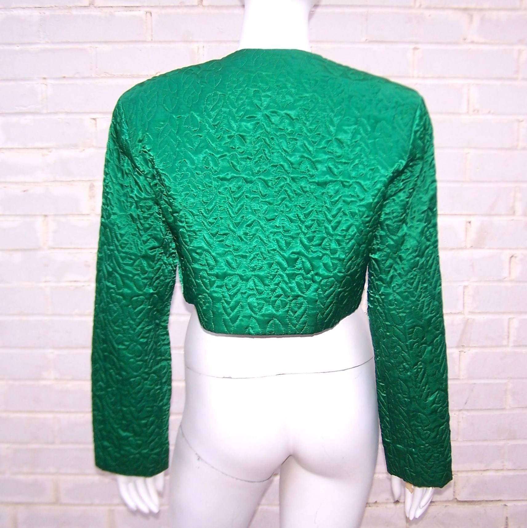 C.1980 Perry Ellis Emerald Green Quilted Satin Cropped Jacket 1