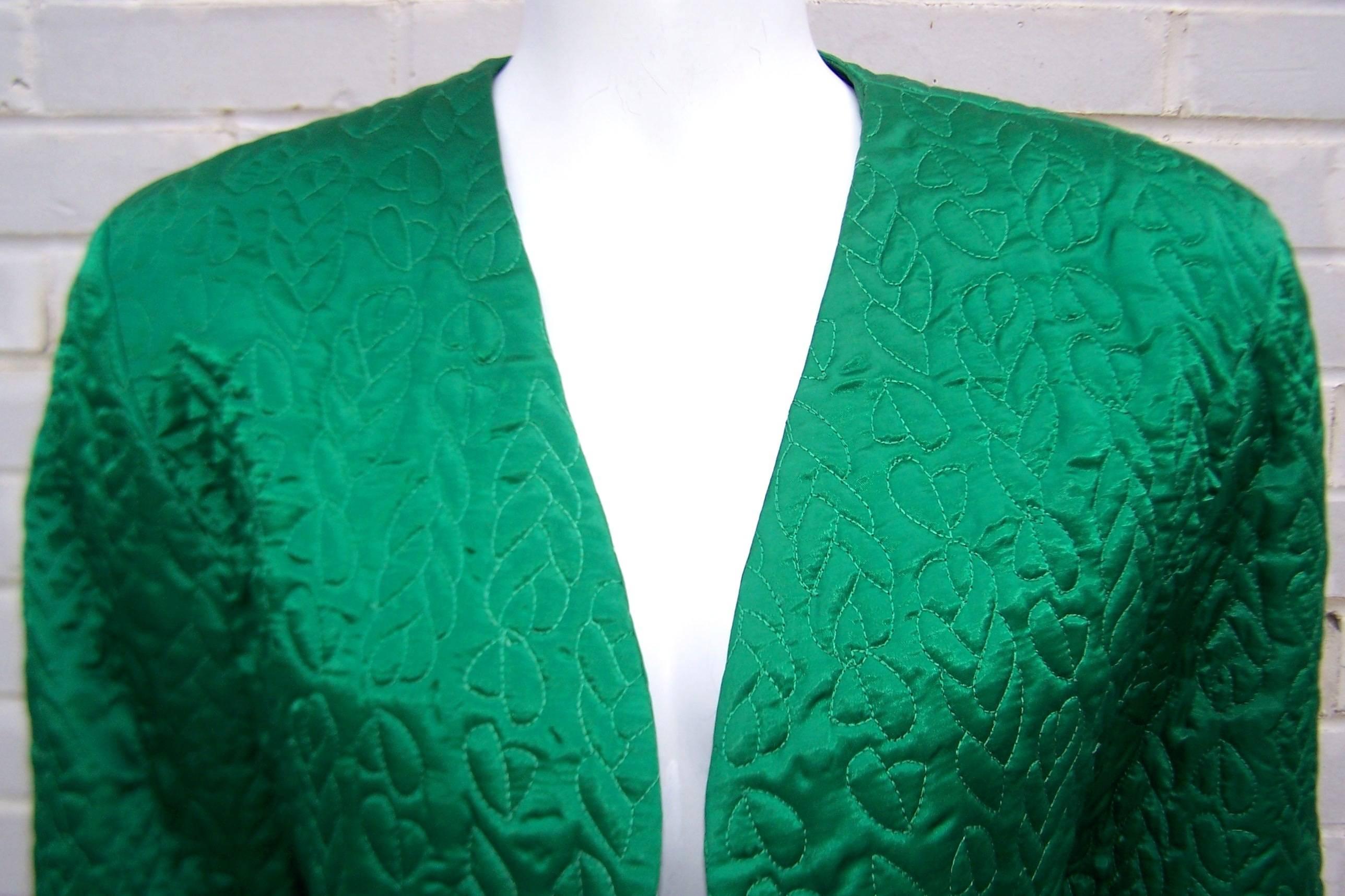 C.1980 Perry Ellis Emerald Green Quilted Satin Cropped Jacket 2