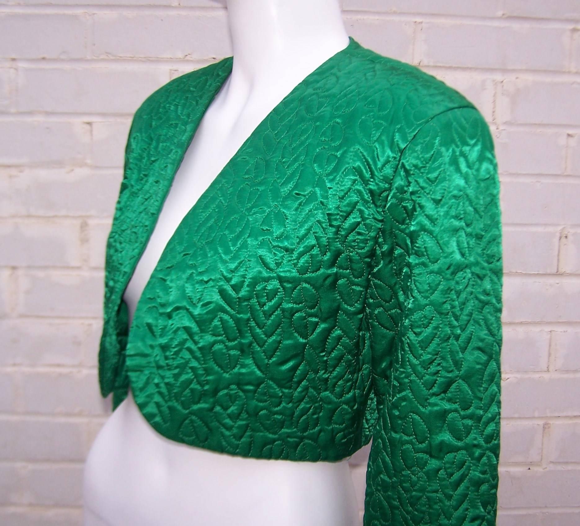 C.1980 Perry Ellis Emerald Green Quilted Satin Cropped Jacket 4