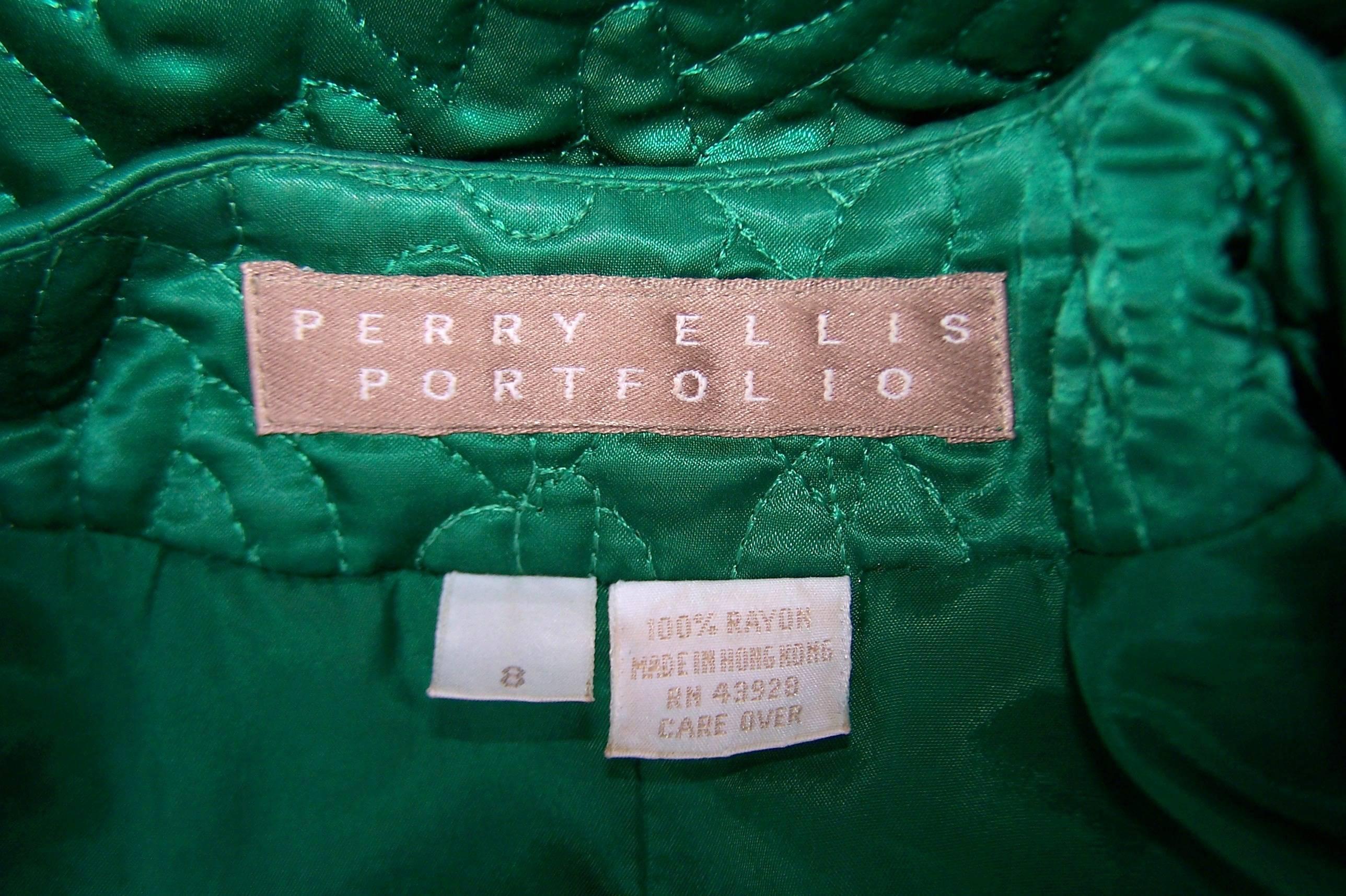 C.1980 Perry Ellis Emerald Green Quilted Satin Cropped Jacket 5