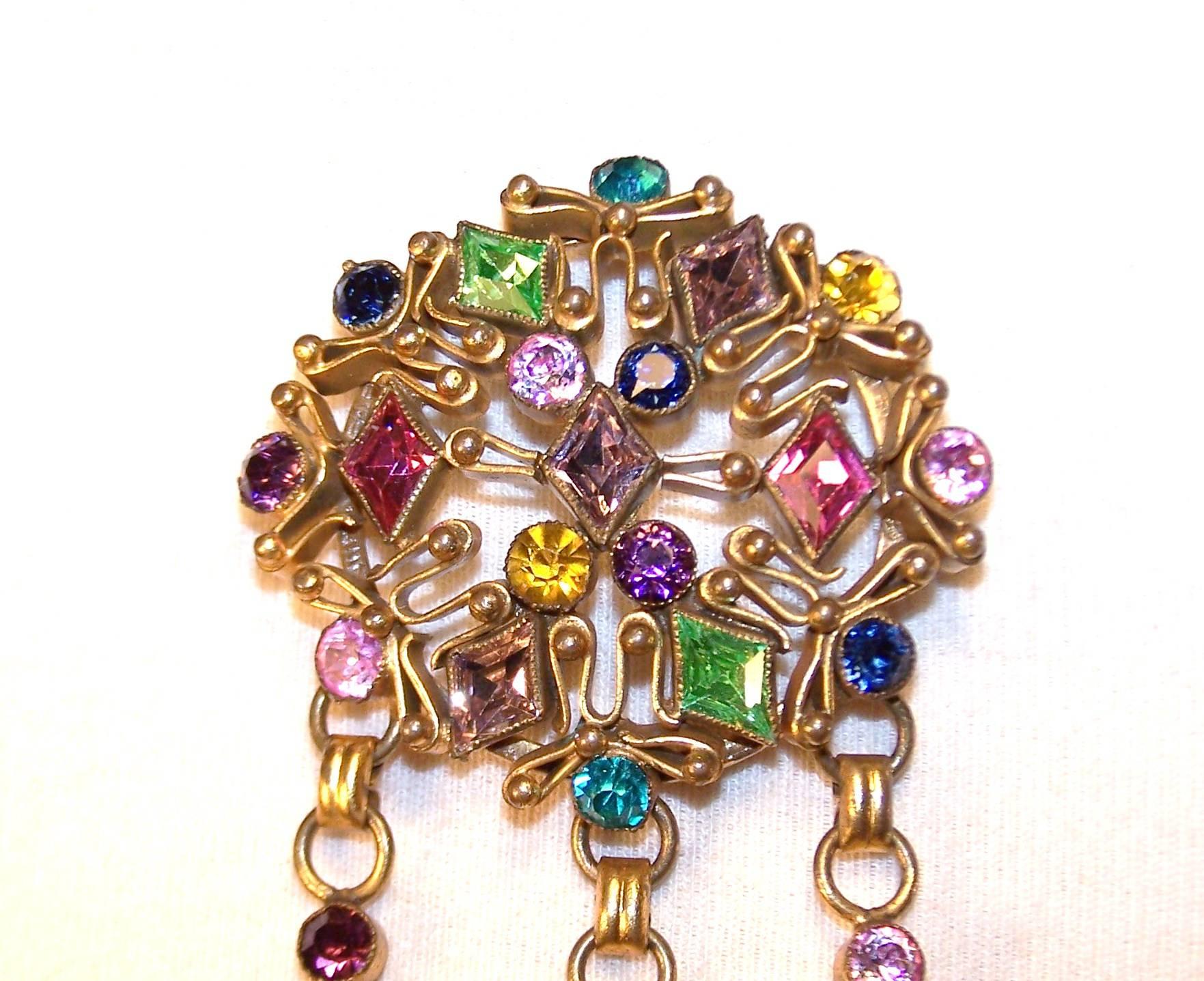 Large C.1940 Ornate Crystal Rhinestone Brooch With Articulated Dangles 1