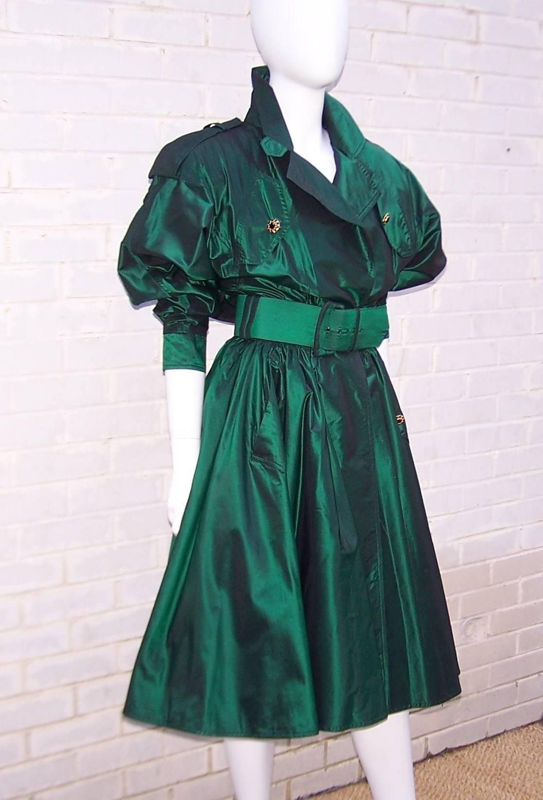 Dramatic 1980's Michael Casey Green Taffeta Trench Coat Dress In Excellent Condition In Atlanta, GA