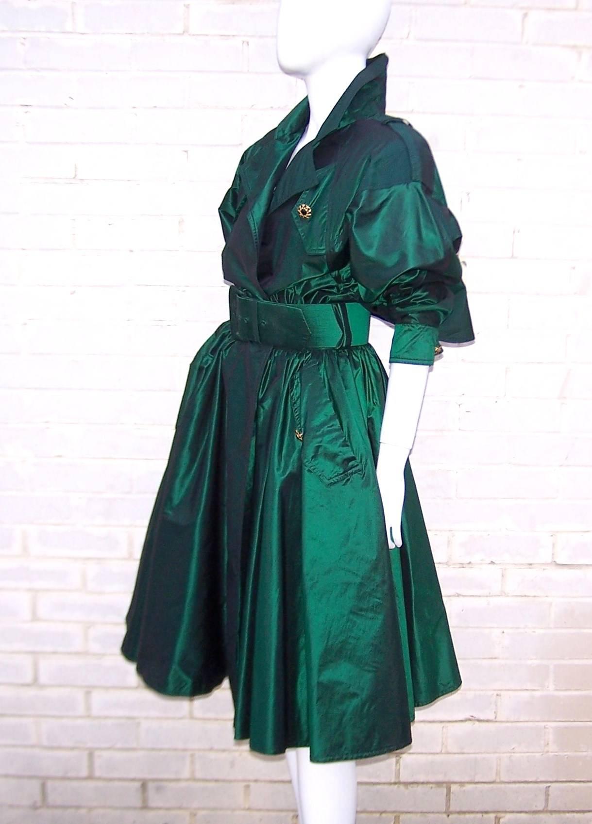 Women's Dramatic 1980's Michael Casey Green Taffeta Trench Coat Dress