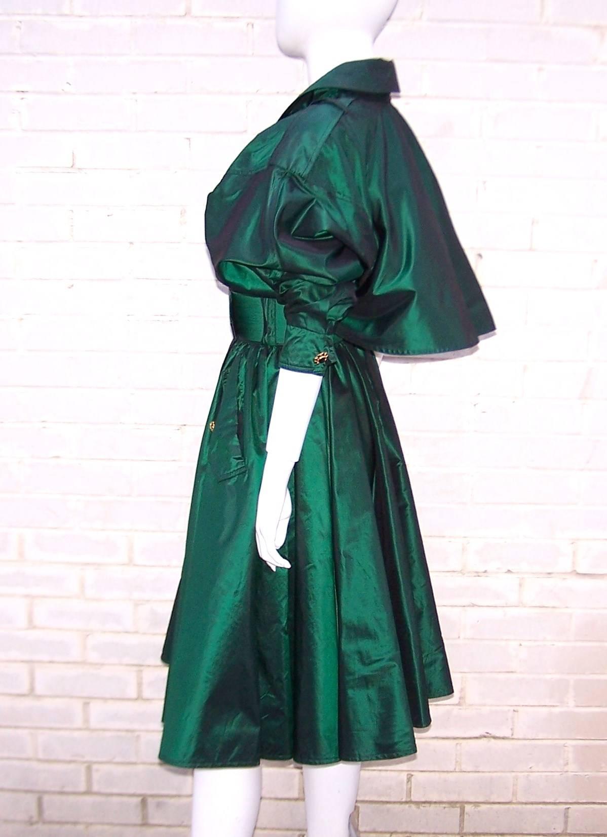 Dramatic 1980's Michael Casey Green Taffeta Trench Coat Dress 1