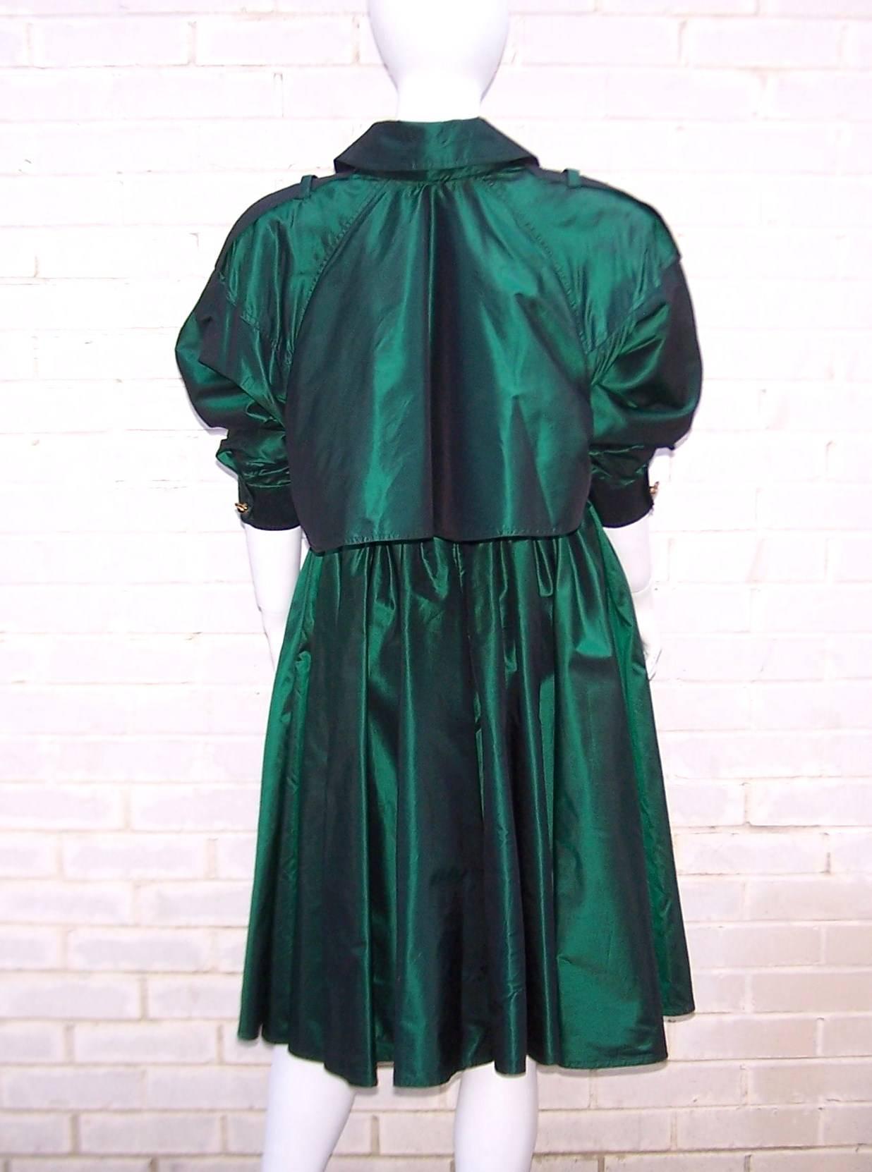 Dramatic 1980's Michael Casey Green Taffeta Trench Coat Dress 2