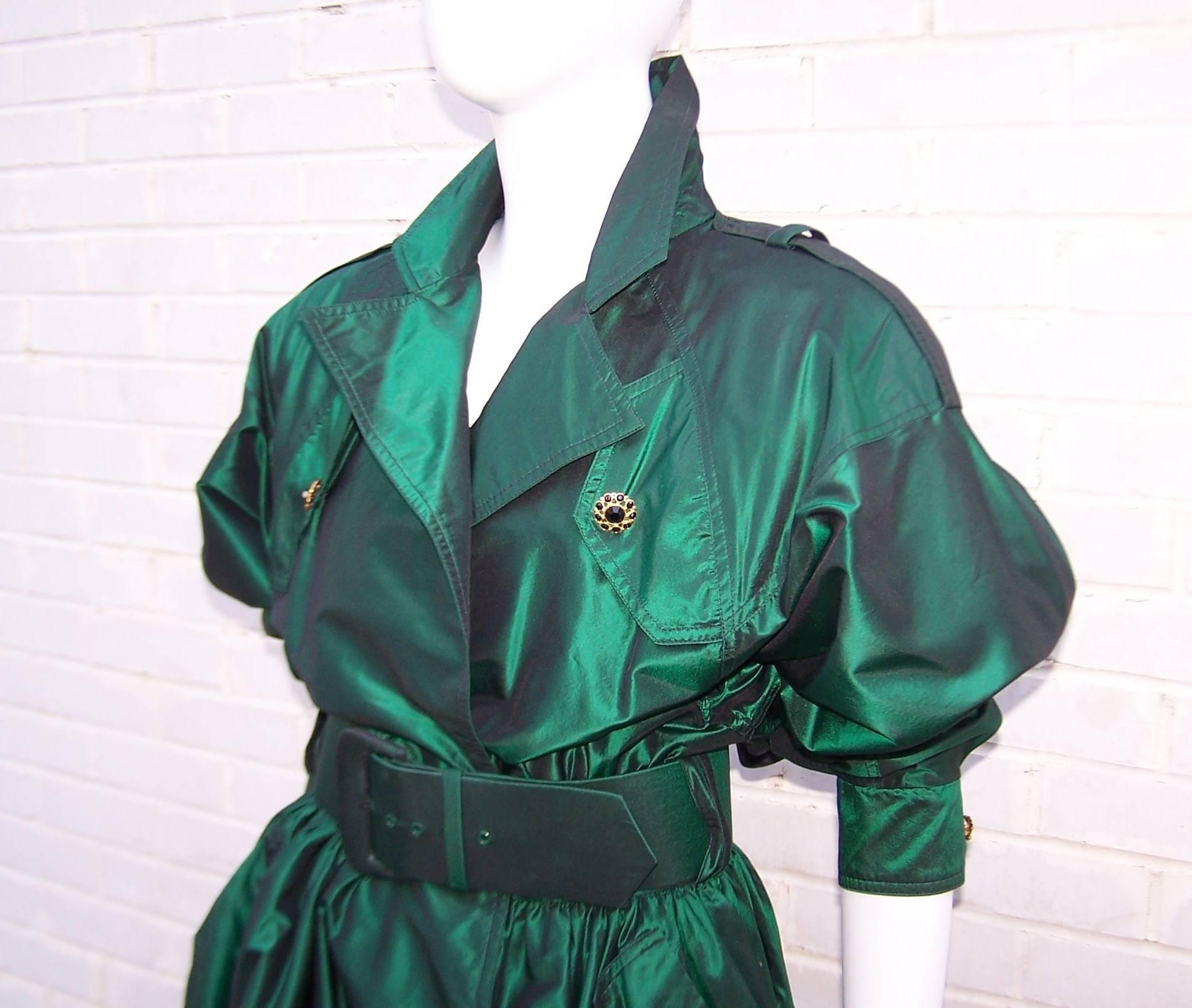 Dramatic 1980's Michael Casey Green Taffeta Trench Coat Dress 3