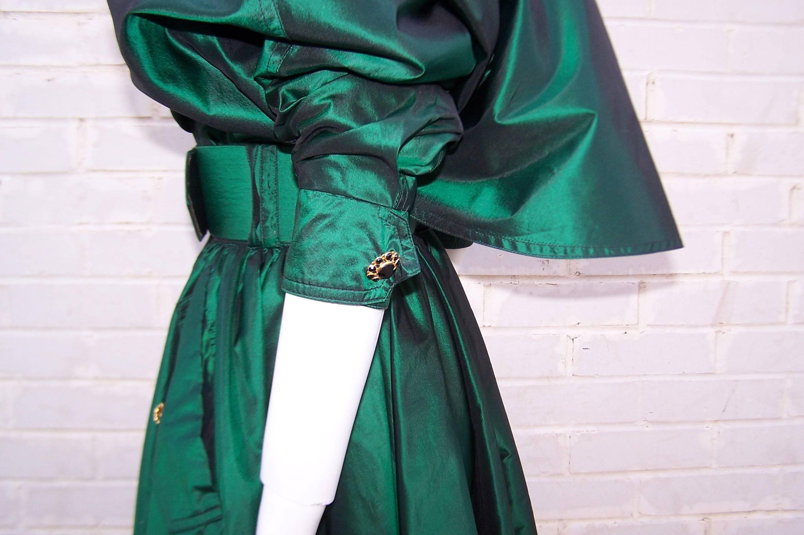 Dramatic 1980's Michael Casey Green Taffeta Trench Coat Dress 4