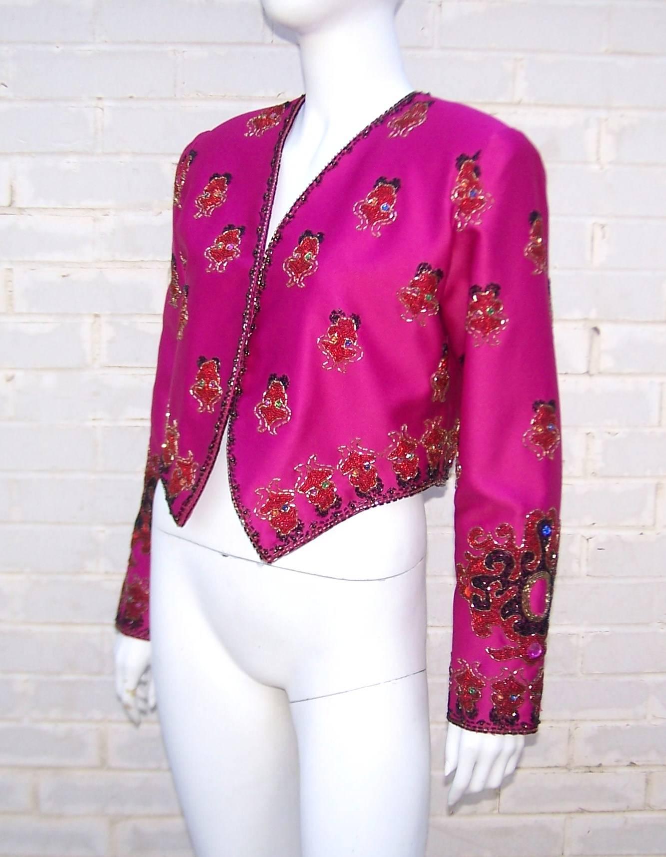 Festive Hot Pink 1980's Beaded Cropped Satin Jacket In Excellent Condition In Atlanta, GA