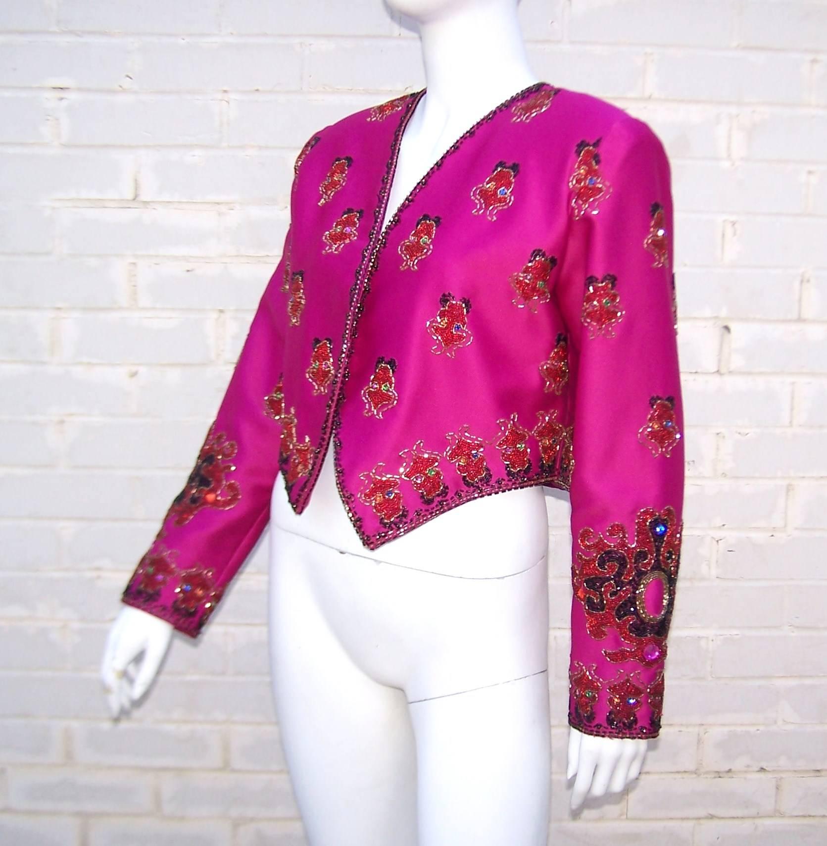 Women's Festive Hot Pink 1980's Beaded Cropped Satin Jacket