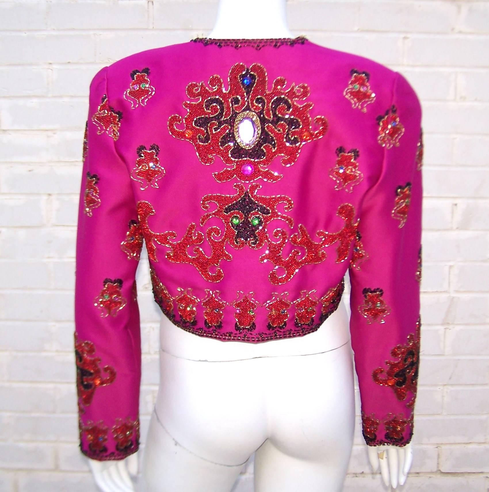 Festive Hot Pink 1980's Beaded Cropped Satin Jacket 1