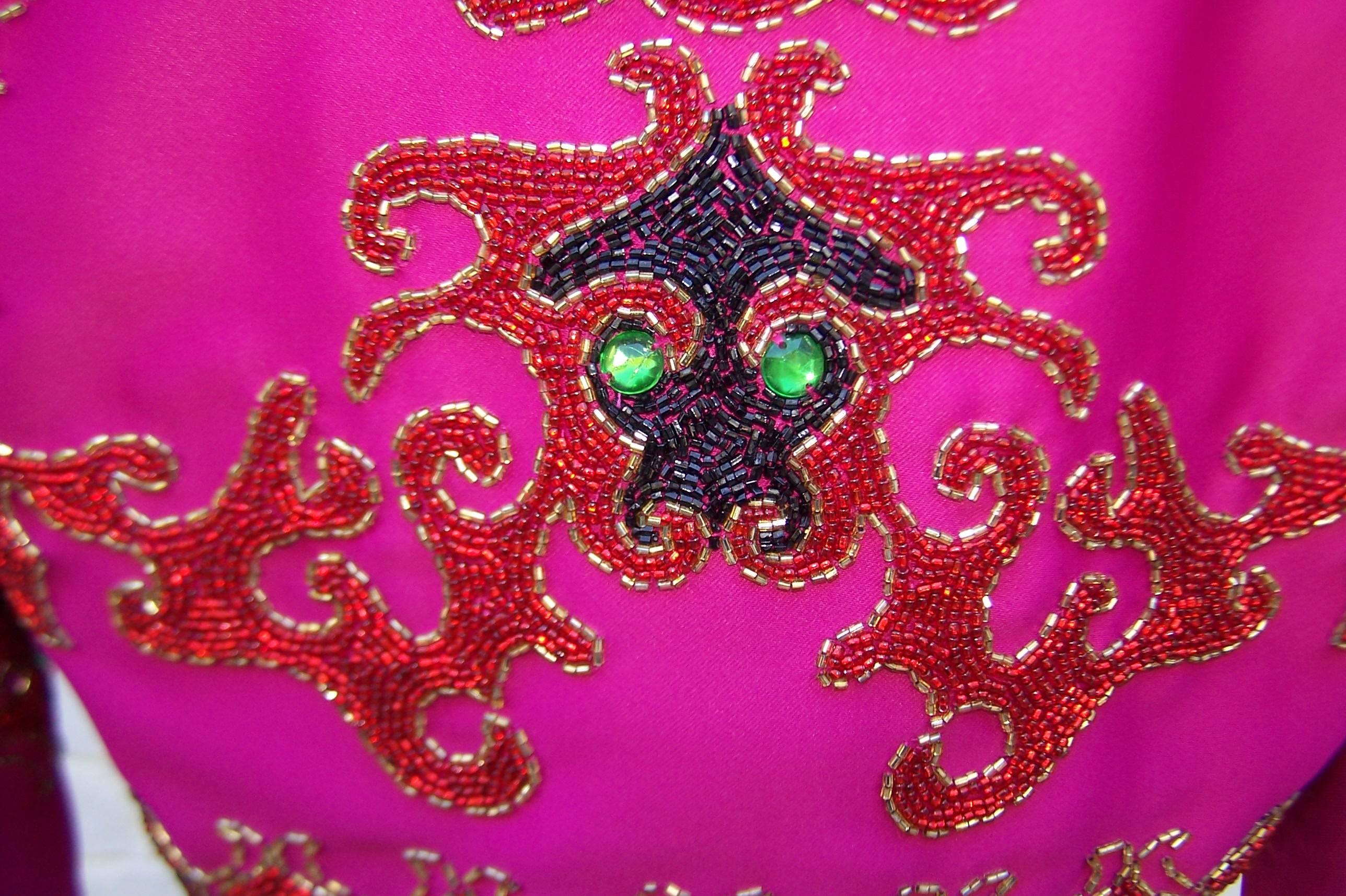 Festive Hot Pink 1980's Beaded Cropped Satin Jacket 3