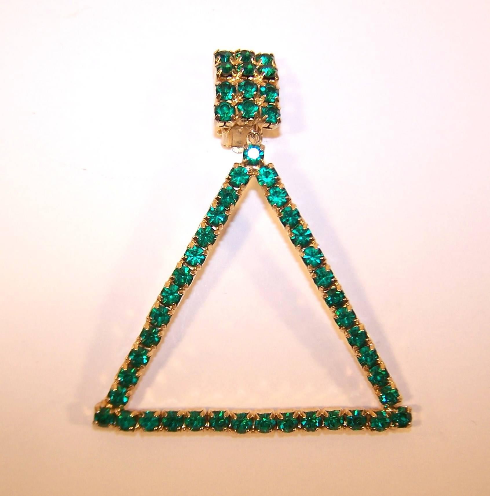 Modern Go Go 1960's Emerald Green Rhinestone Triangle Clip On Earrings