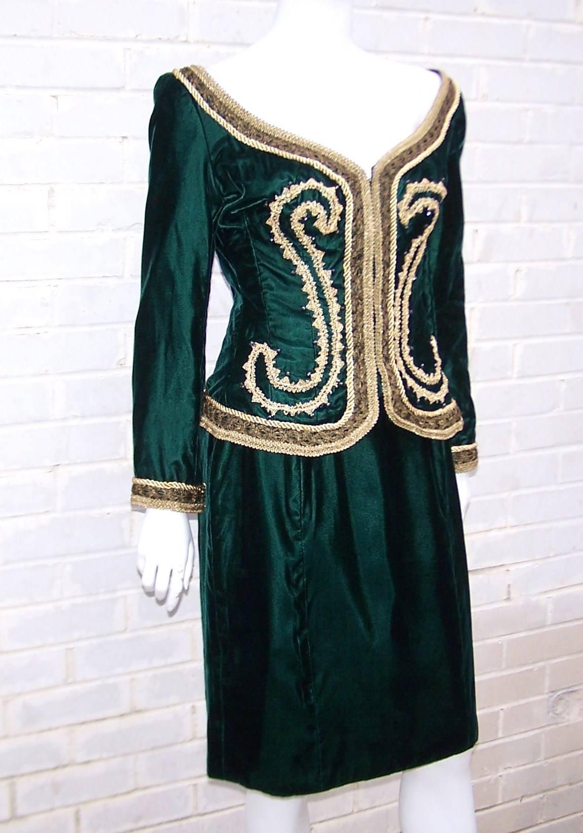 Black Luxe Renaissance 1980's Green Velvet Skirt Suit With Gold Beaded Braiding