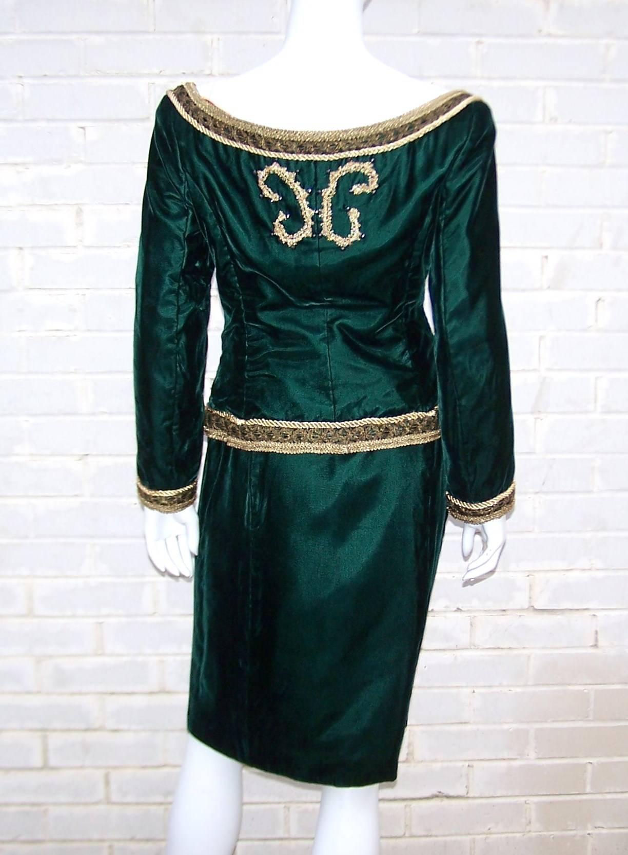 Women's Luxe Renaissance 1980's Green Velvet Skirt Suit With Gold Beaded Braiding