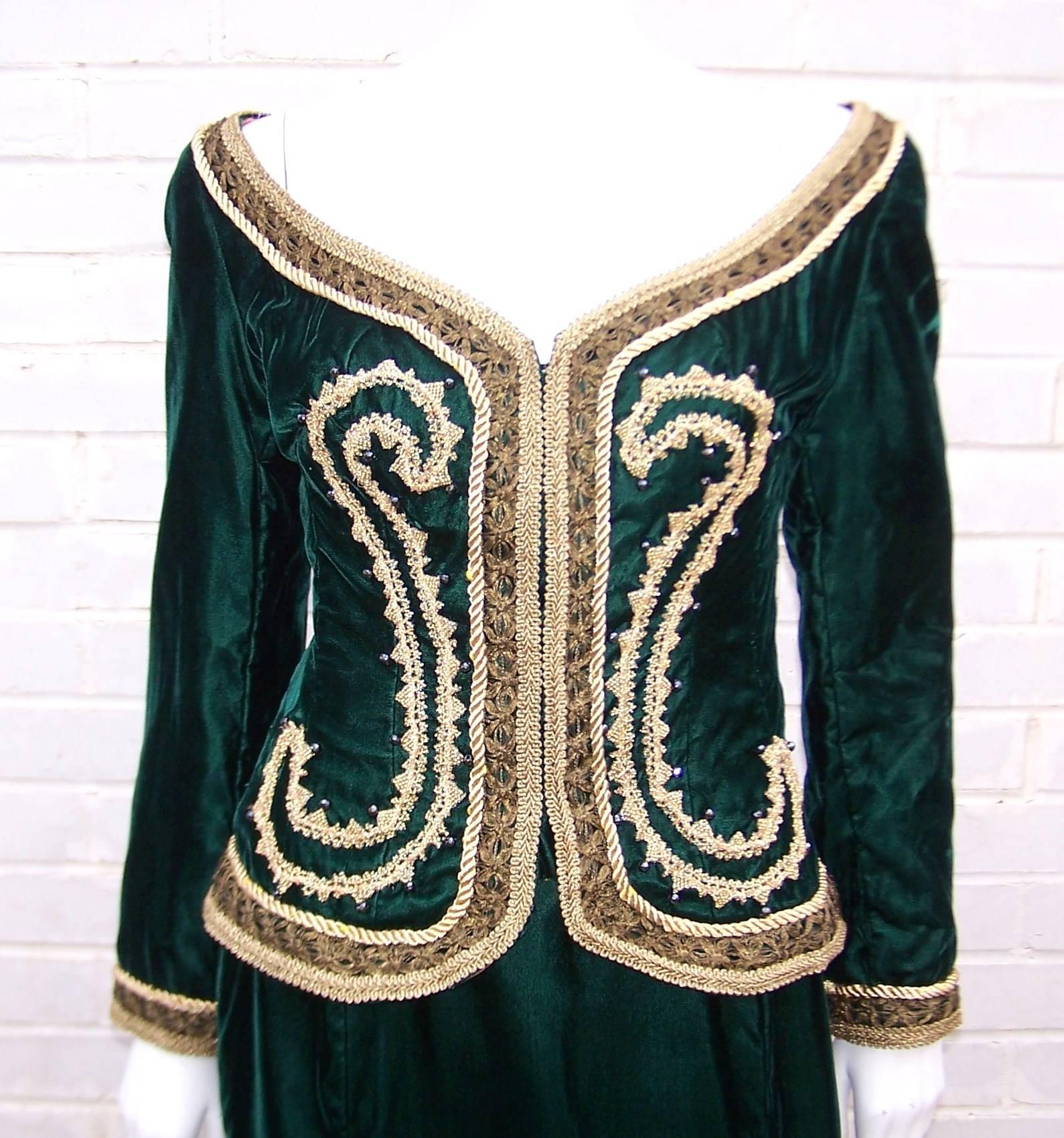 Luxe Renaissance 1980's Green Velvet Skirt Suit With Gold Beaded Braiding 1