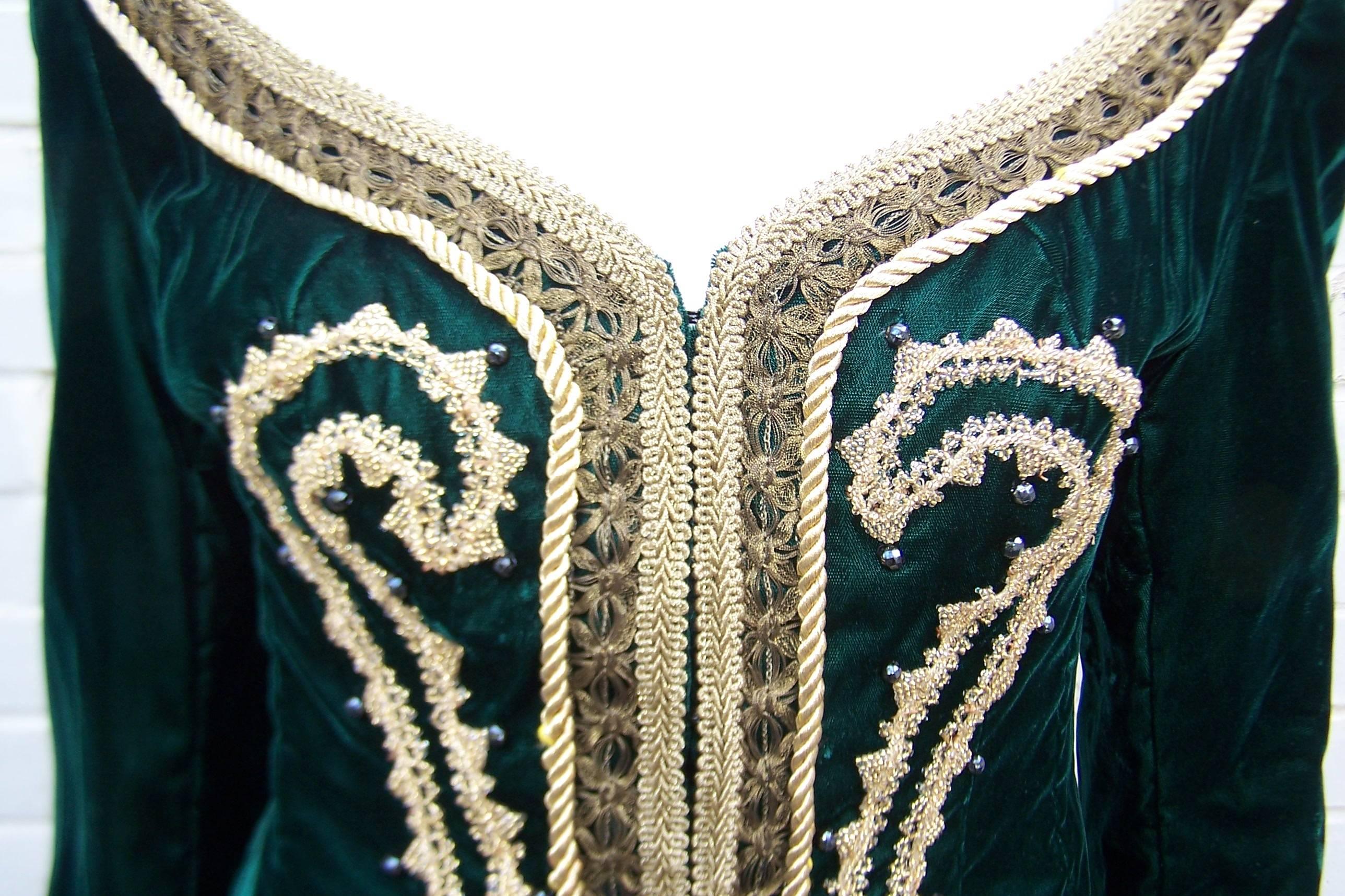 Luxe Renaissance 1980's Green Velvet Skirt Suit With Gold Beaded Braiding 2