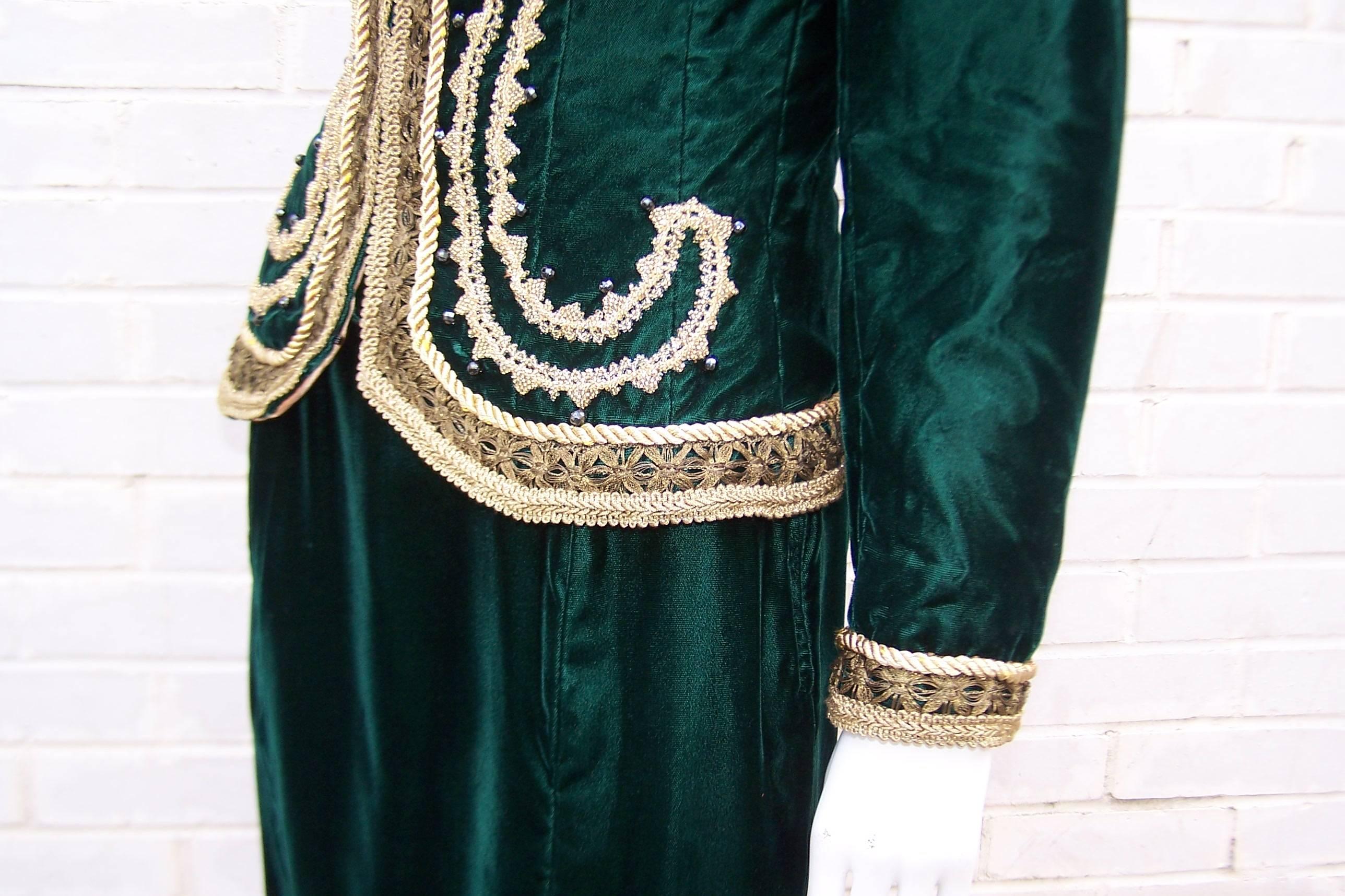 Luxe Renaissance 1980's Green Velvet Skirt Suit With Gold Beaded Braiding 3