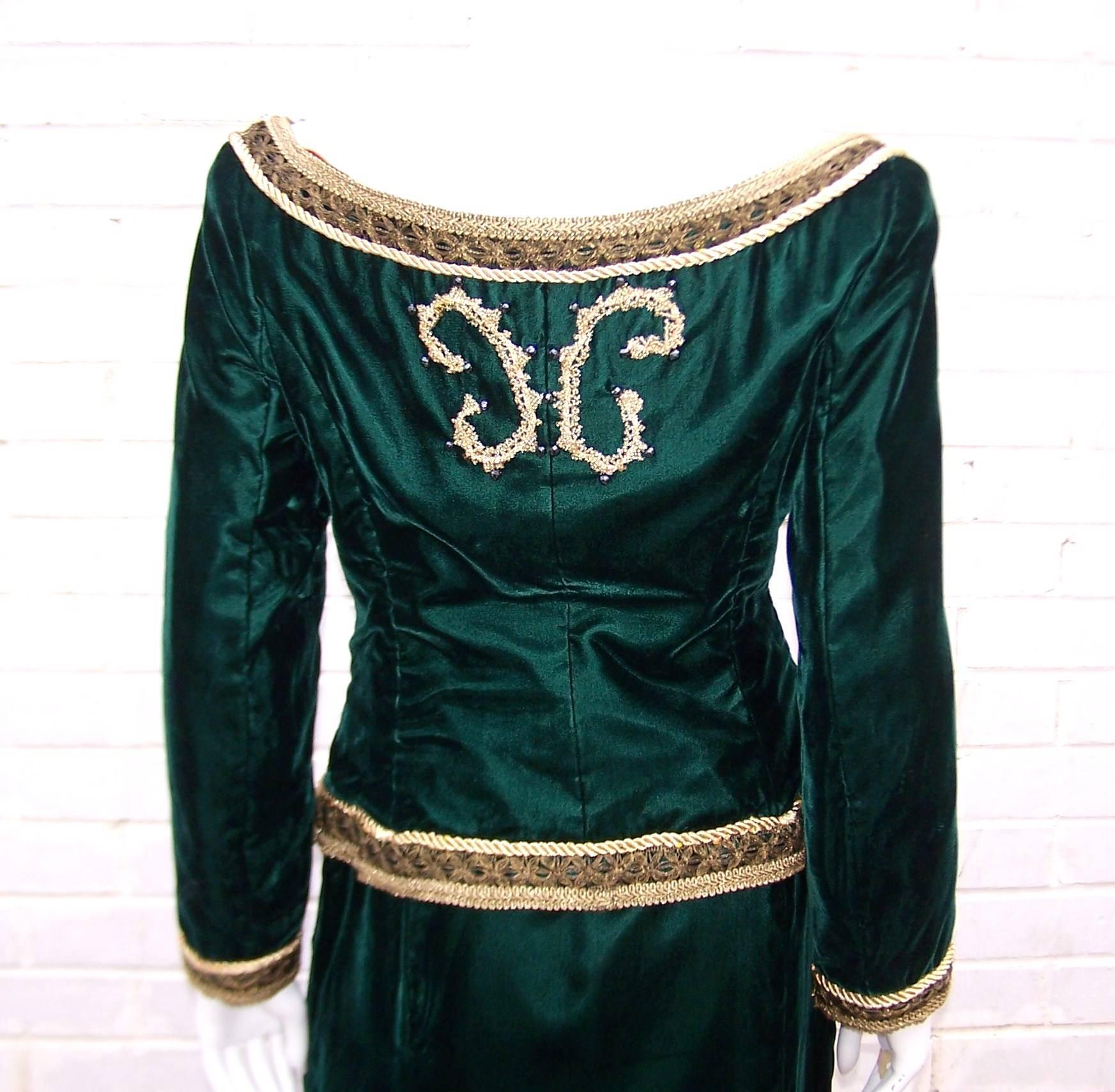 Luxe Renaissance 1980's Green Velvet Skirt Suit With Gold Beaded Braiding 4
