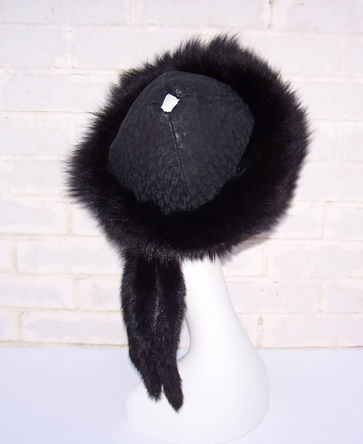 Vintage Mongolian Style Black Fox Fur & Leather Hat With Detachable Tails In Excellent Condition In Atlanta, GA