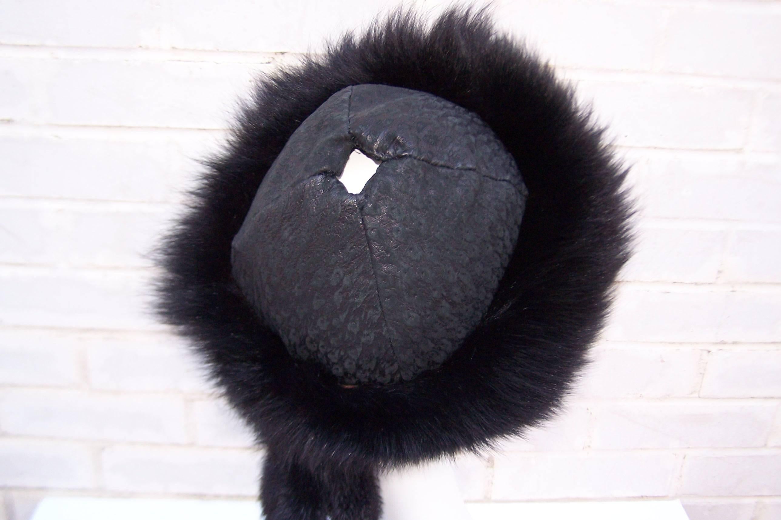 Women's Vintage Mongolian Style Black Fox Fur & Leather Hat With Detachable Tails