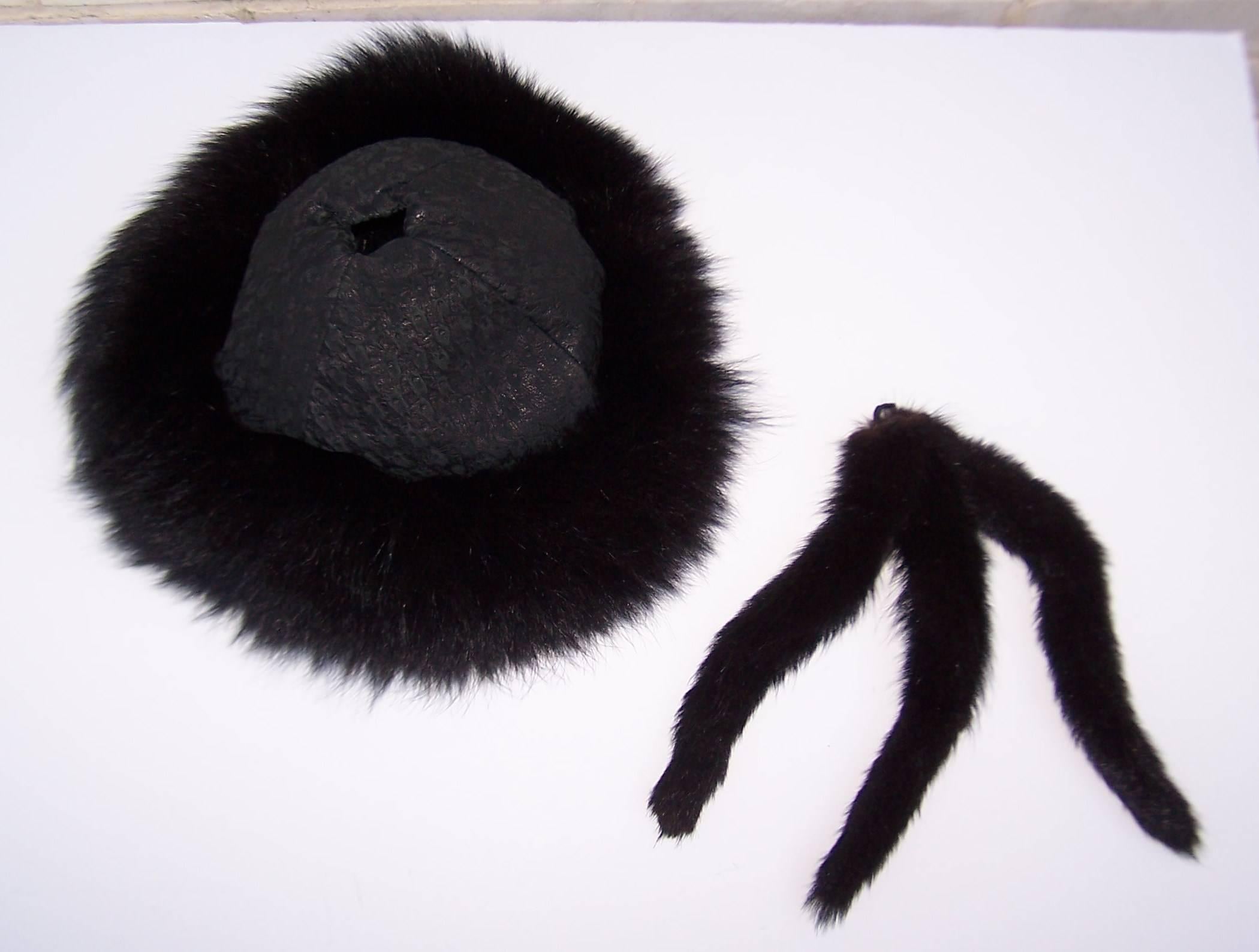 Vintage Mongolian Style Black Fox Fur & Leather Hat With Detachable Tails 4
