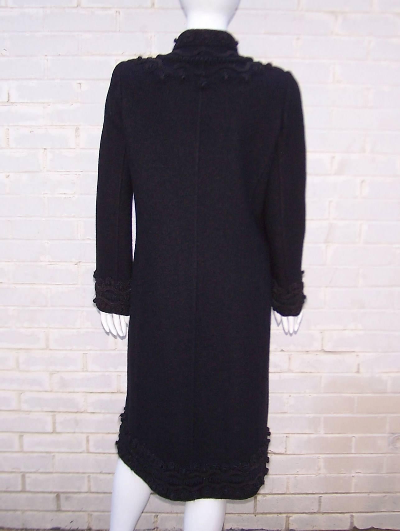 C.1990 Oscar De La Renta Black Boucle Coat With Victorian Passementerie Trim 1