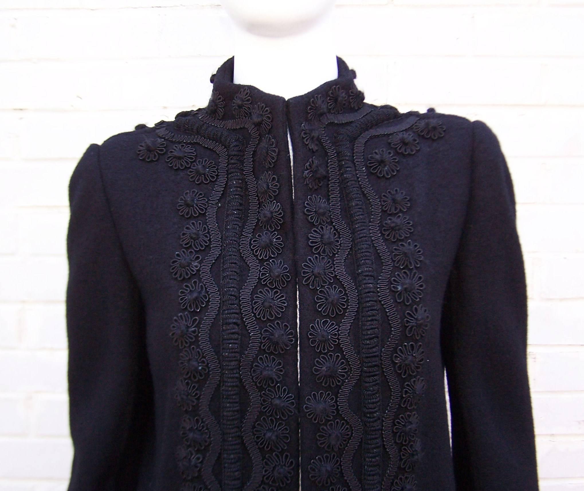 C.1990 Oscar De La Renta Black Boucle Coat With Victorian Passementerie Trim 2